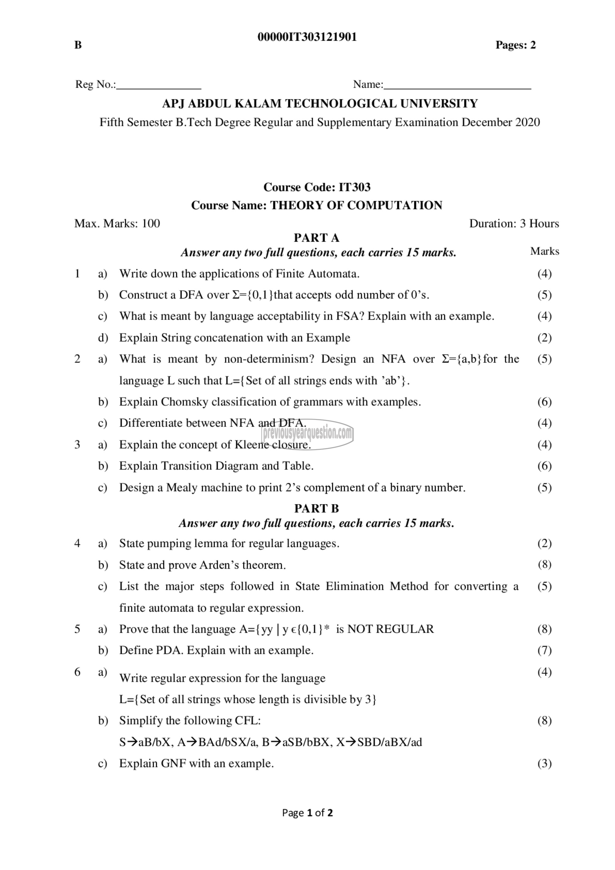 Question Paper - Theory of Computation-1