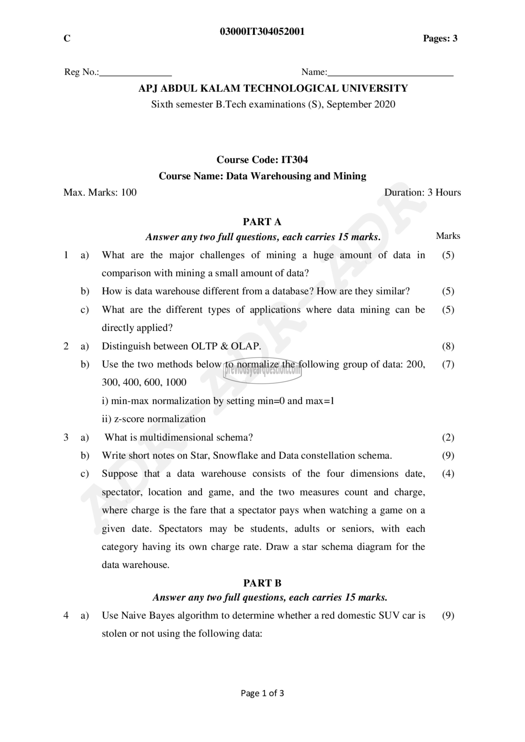 Question Paper - Data Warehousing & Mining-1