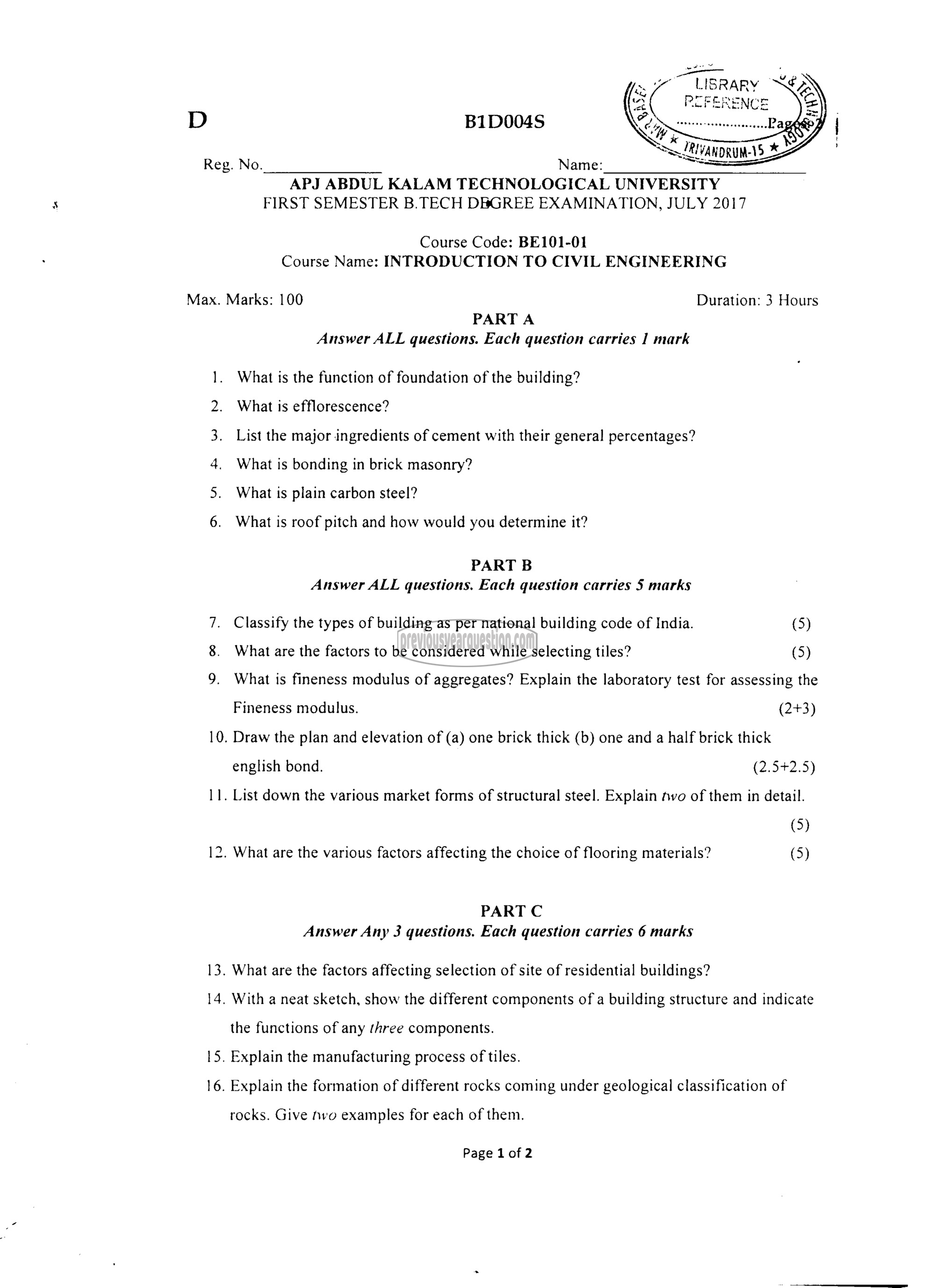 Question Paper - INTRODUCTION TO CIVIL ENGINEERING-1