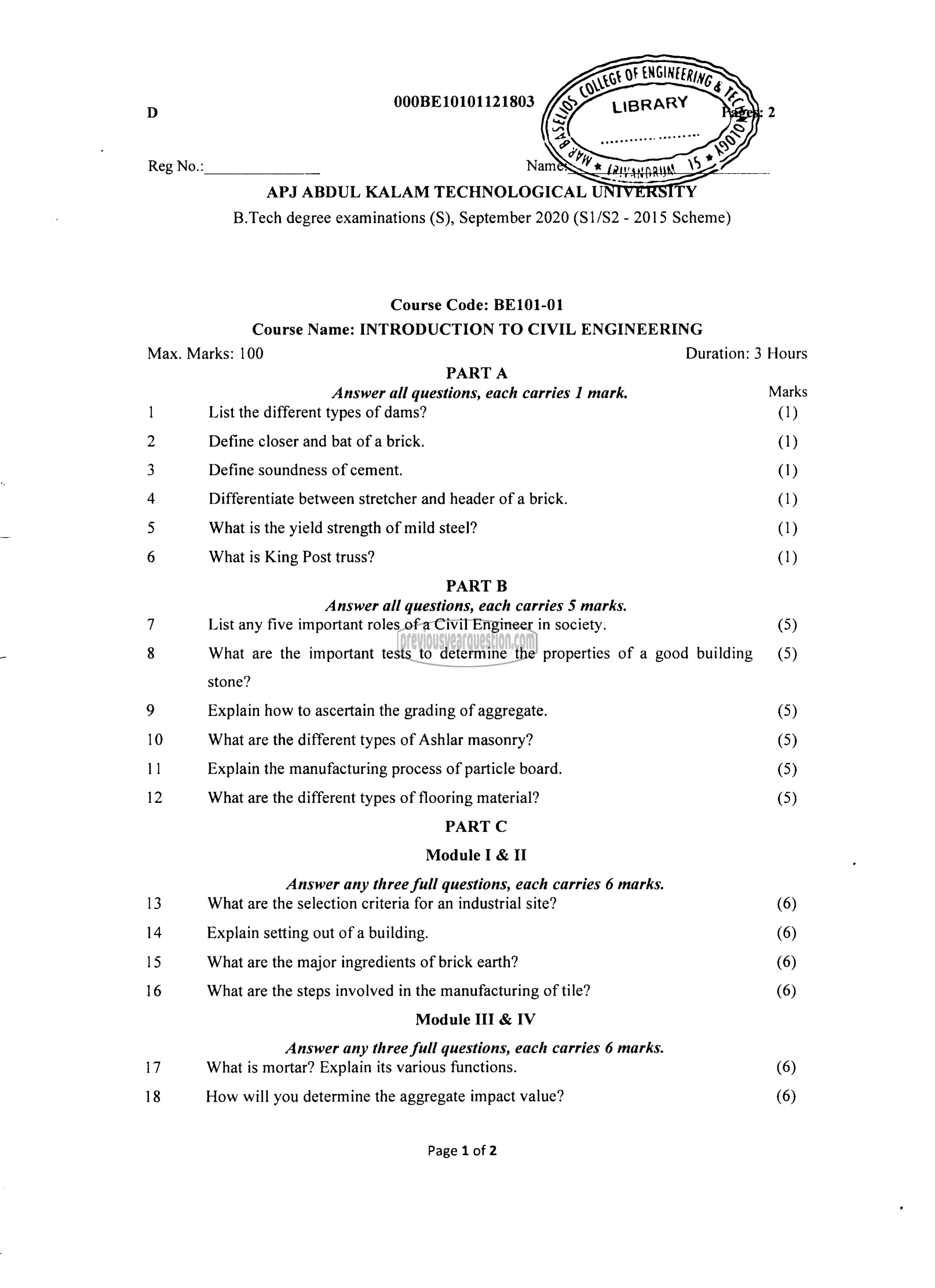 Question Paper - INTRODUCTION TO CIVIL ENGINEERING-1