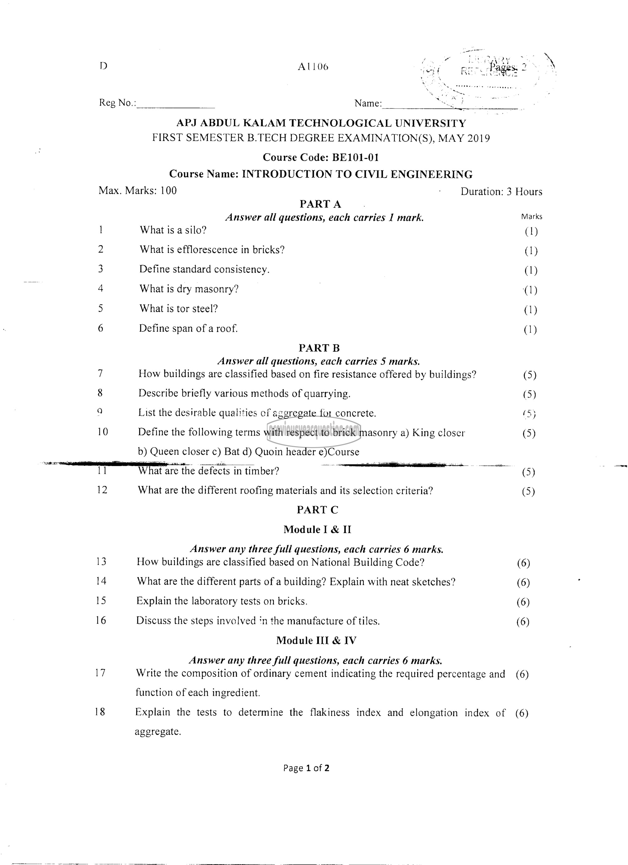 Question Paper - INTRODUCTION TO CIVIL ENGINEERING-1