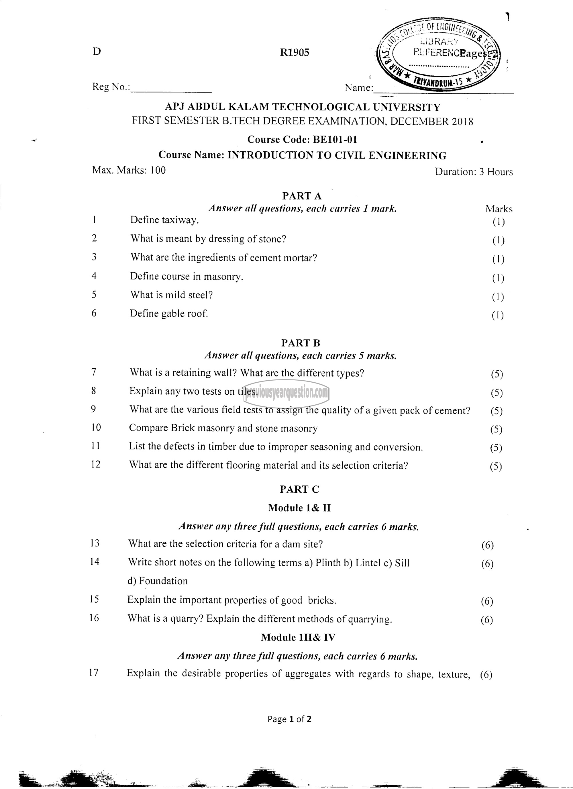 Question Paper - INTRODUCTION TO CIVIL ENGINEERING-1