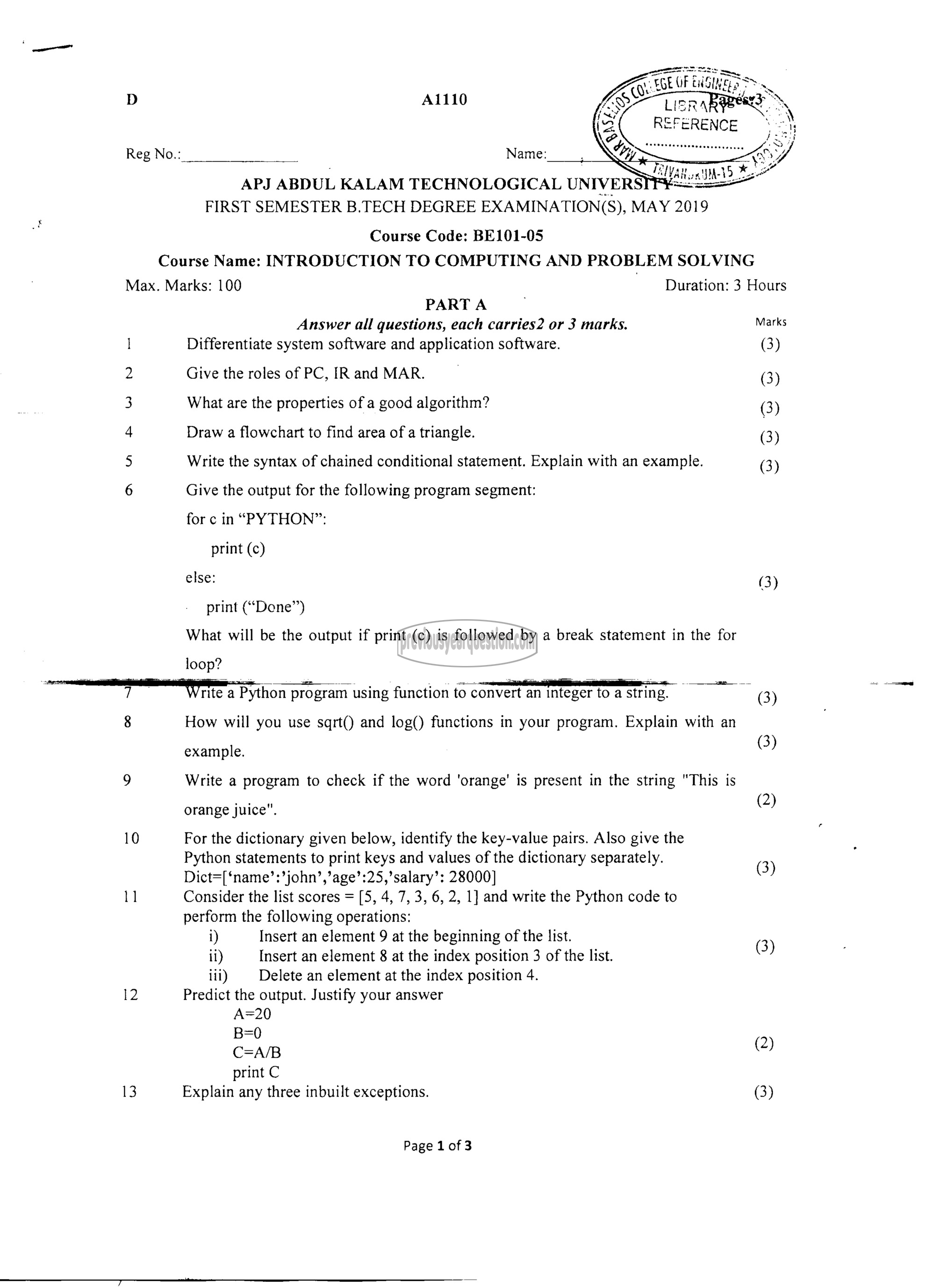 Question Paper - INTRODUCTION TO COMPUTING AND PROBLEM SOLVING-1