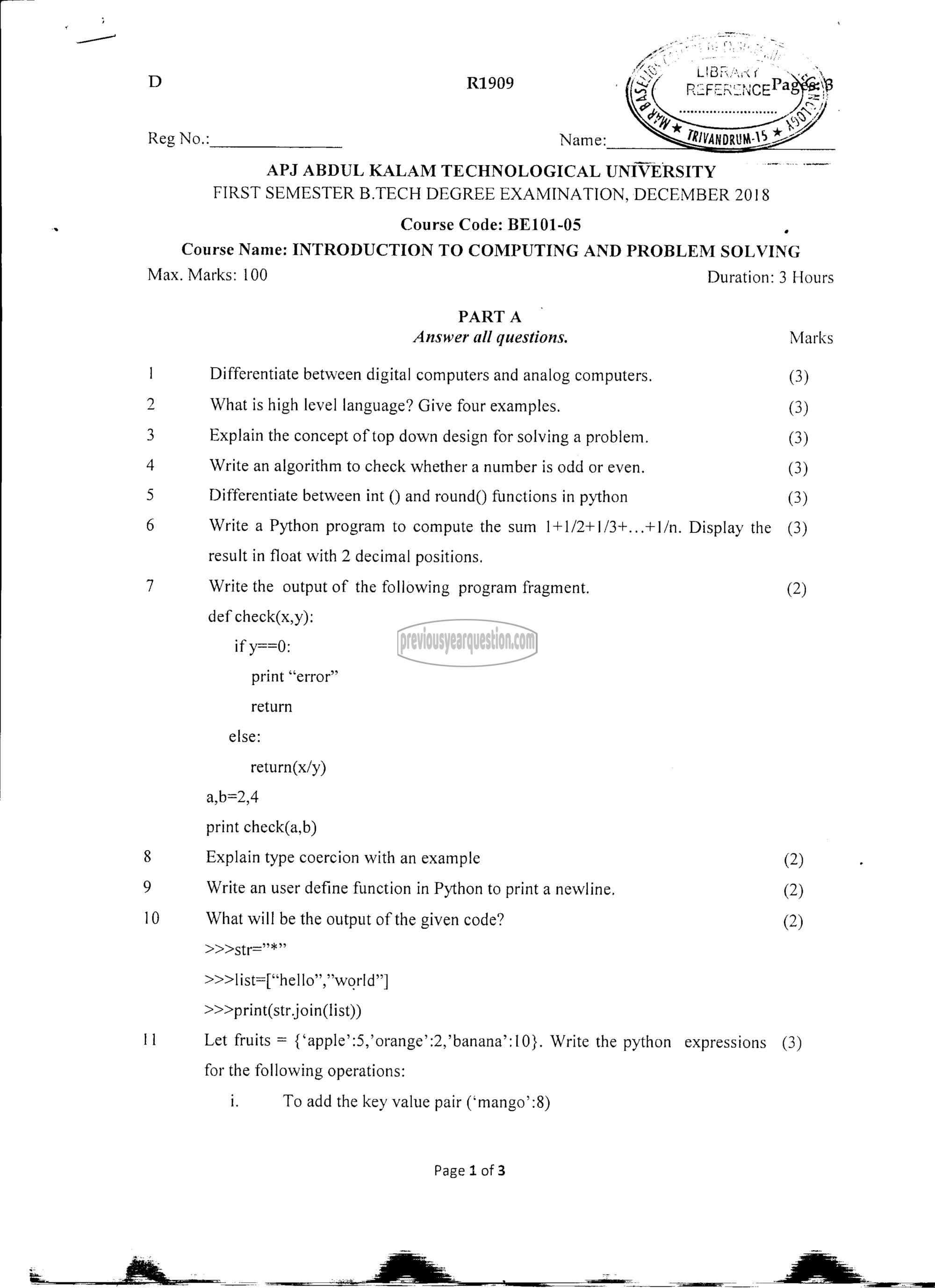 Question Paper - INTRODUCTION TO COMPUTING AND PROBLEM SOLVING-1