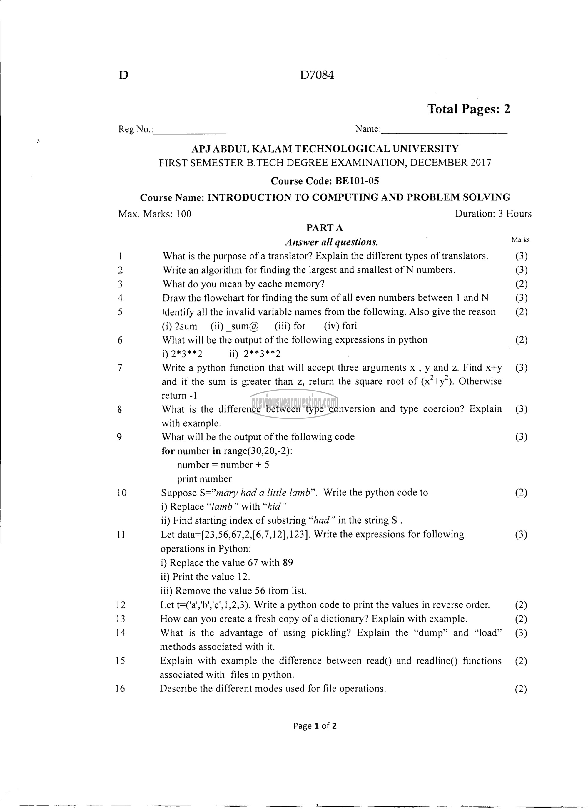 Question Paper - INTRODUCTION TO COMPUTING AND PROBLEM SOLVING-1