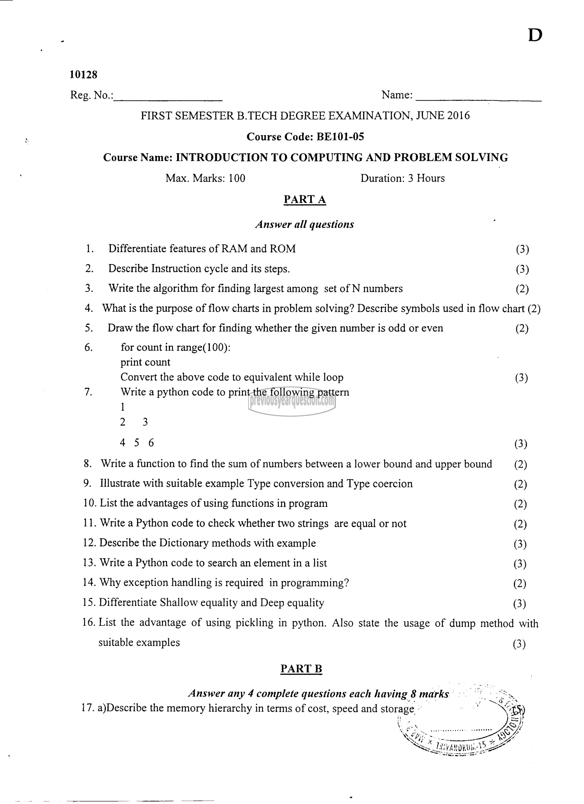 Question Paper - INTRODUCTION TO COMPUTING AND PROBLEM SOLVING-1