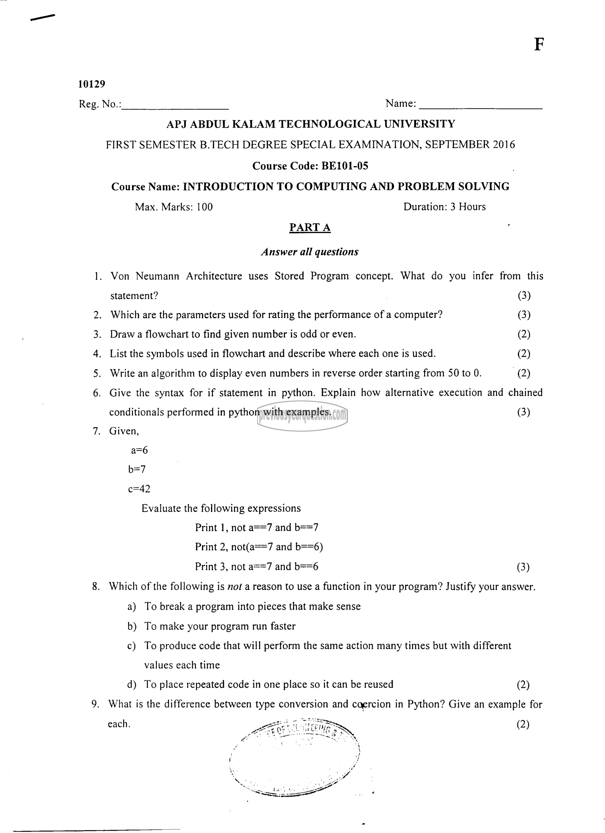 Question Paper - INTRODUCTION TO COMPUTING AND PROBLEM SOLVING-1