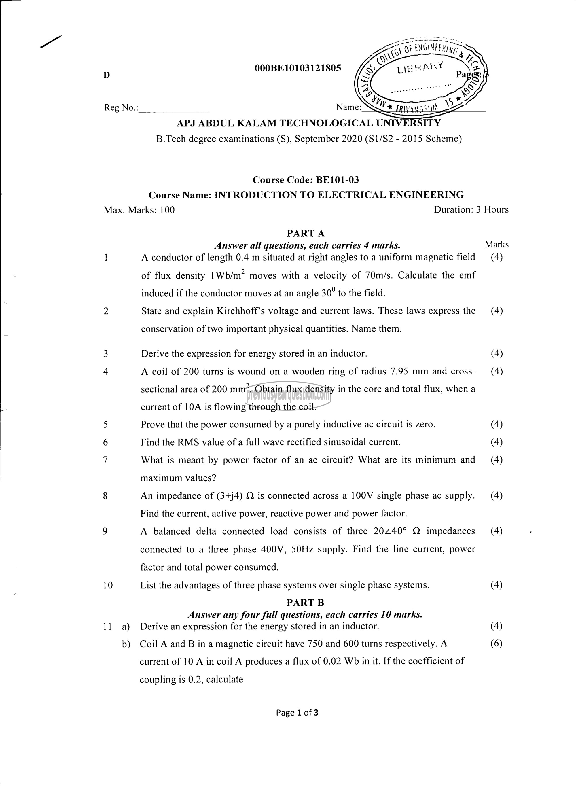 Question Paper - INTRODUCTION TO ELECTRICAL ENGINEERING-1