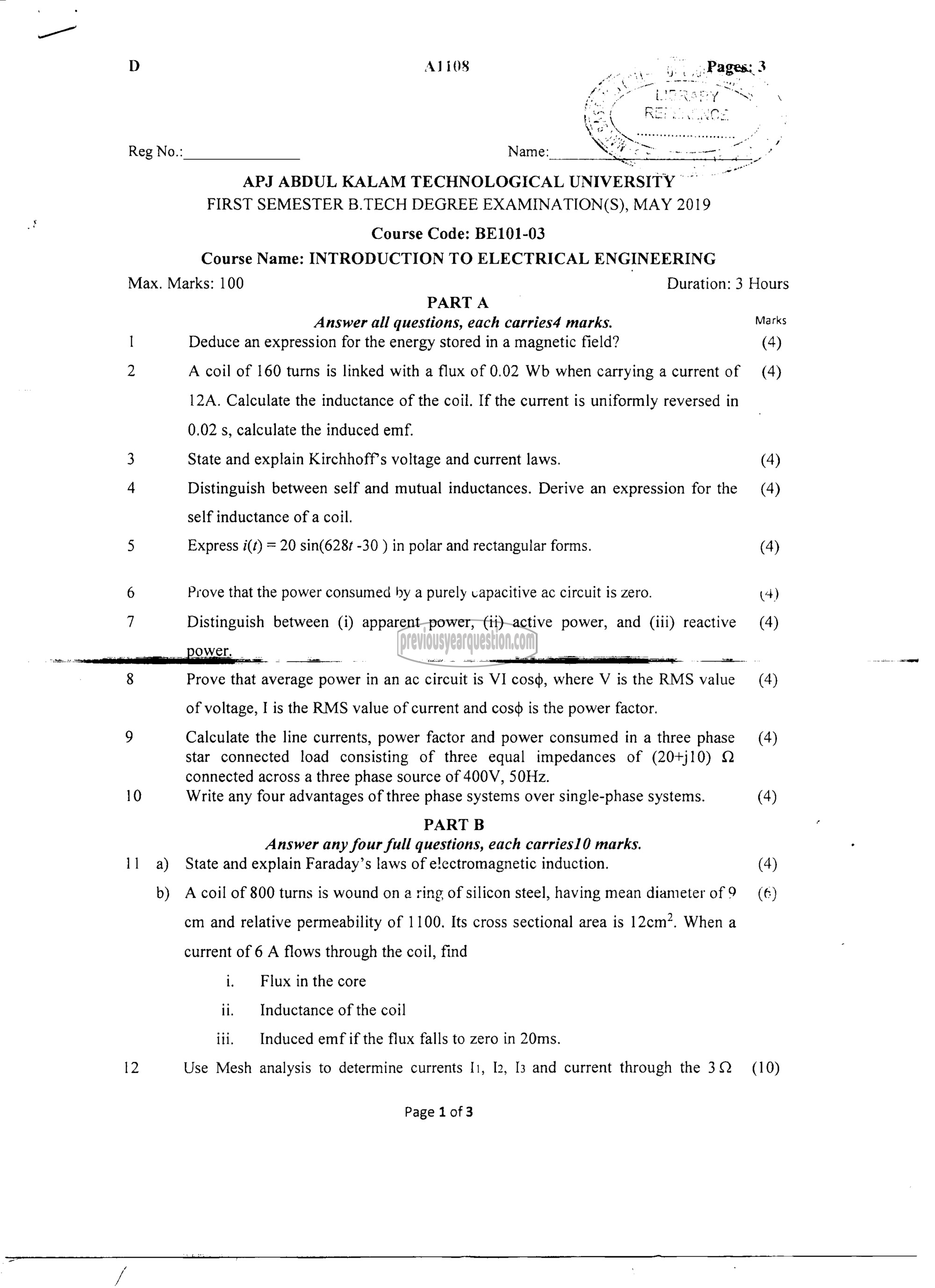 Question Paper - INTRODUCTION TO ELECTRICAL ENGINEERING-1