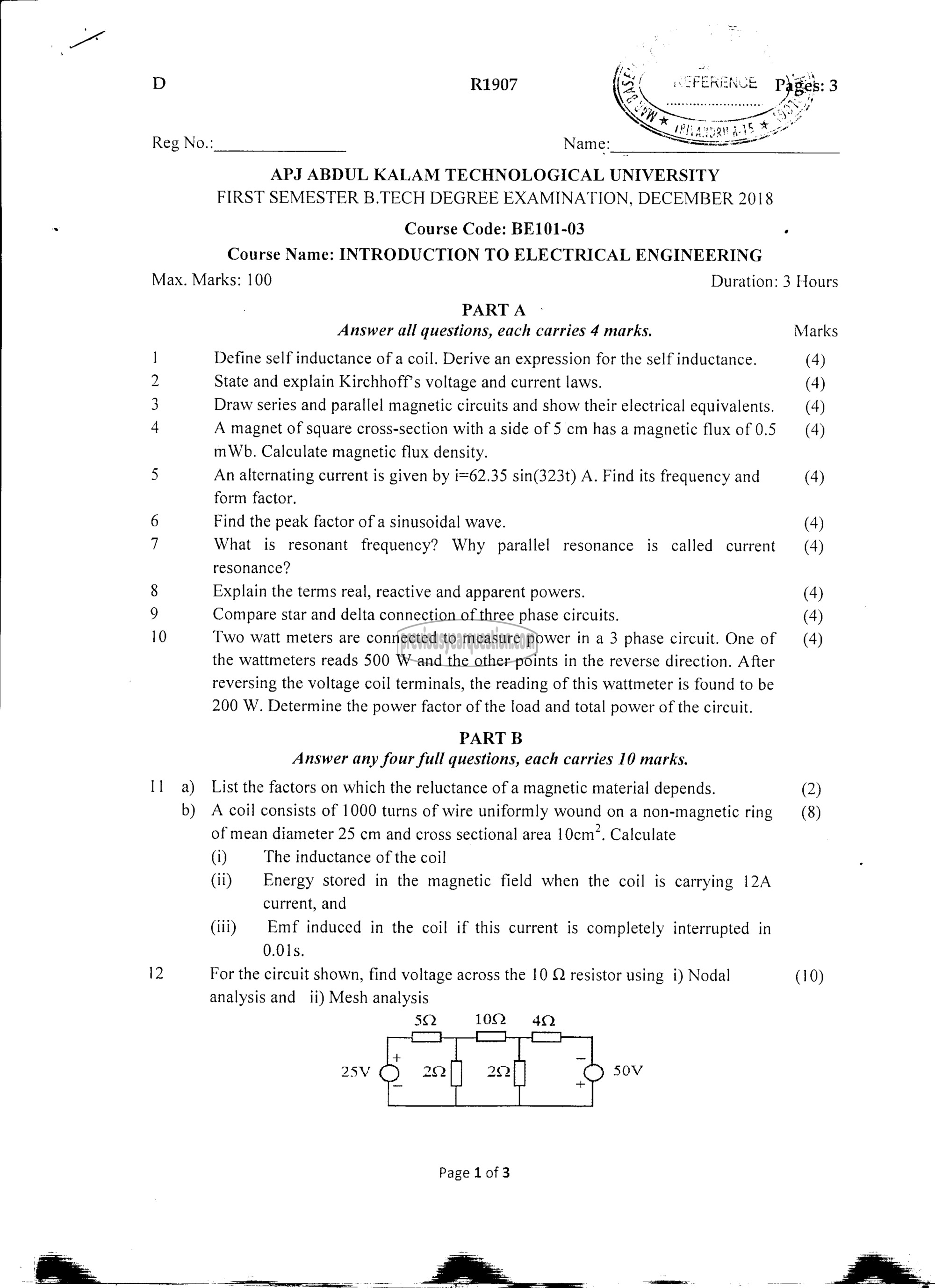 Question Paper - INTRODUCTION TO ELECTRICAL ENGINEERING-1