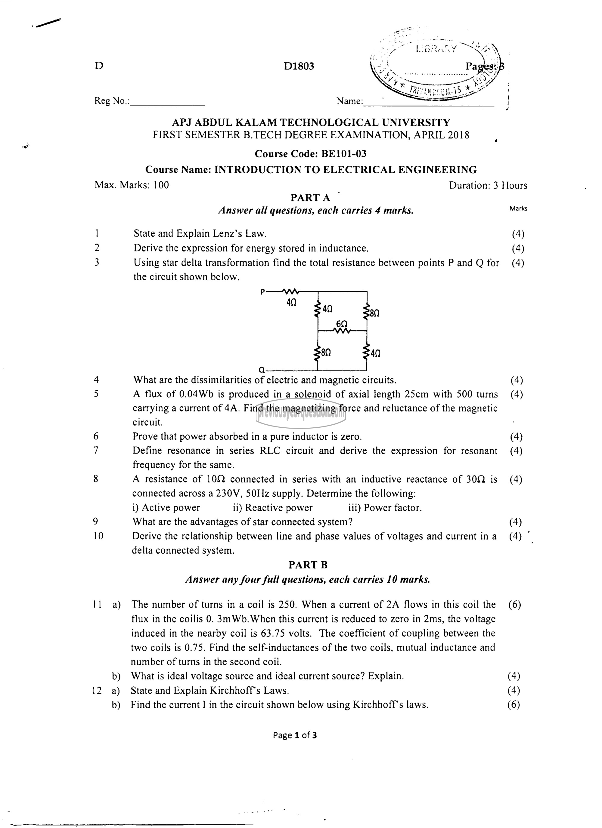 Question Paper - INTRODUCTION TO ELECTRICAL ENGINEERING-1