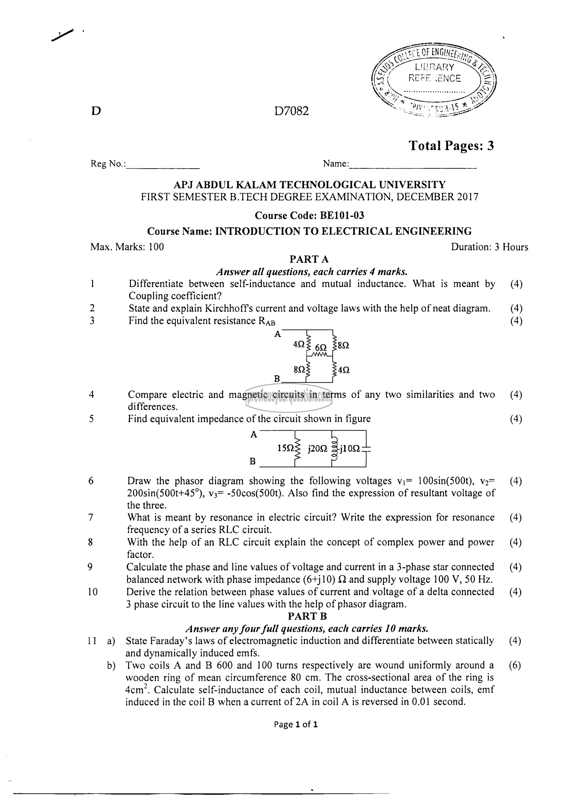 Question Paper - INTRODUCTION TO ELECTRICAL ENGINEERING-1