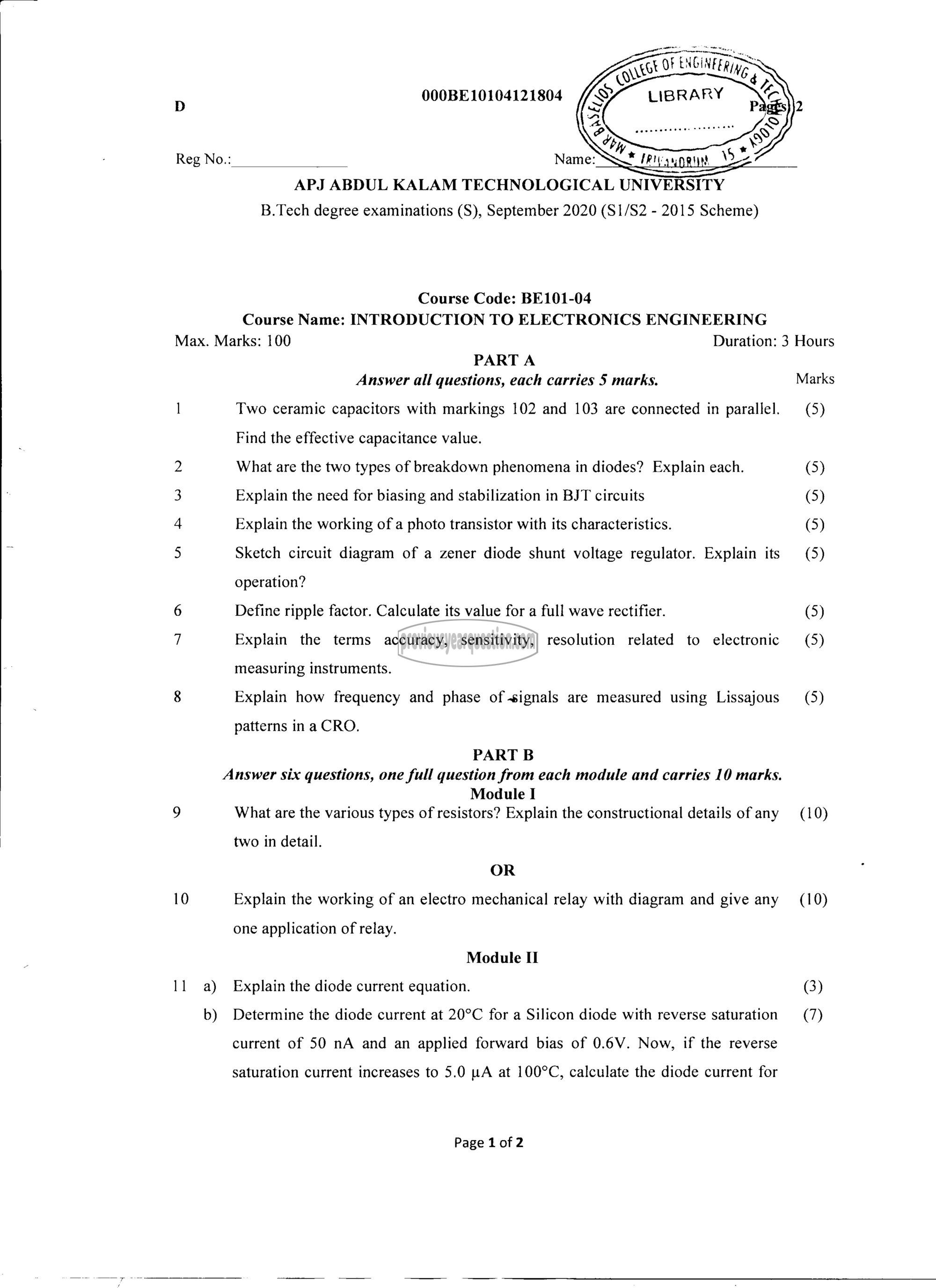 Question Paper - INTRODUCTION TO ELECTRONICS ENGINEERING-1