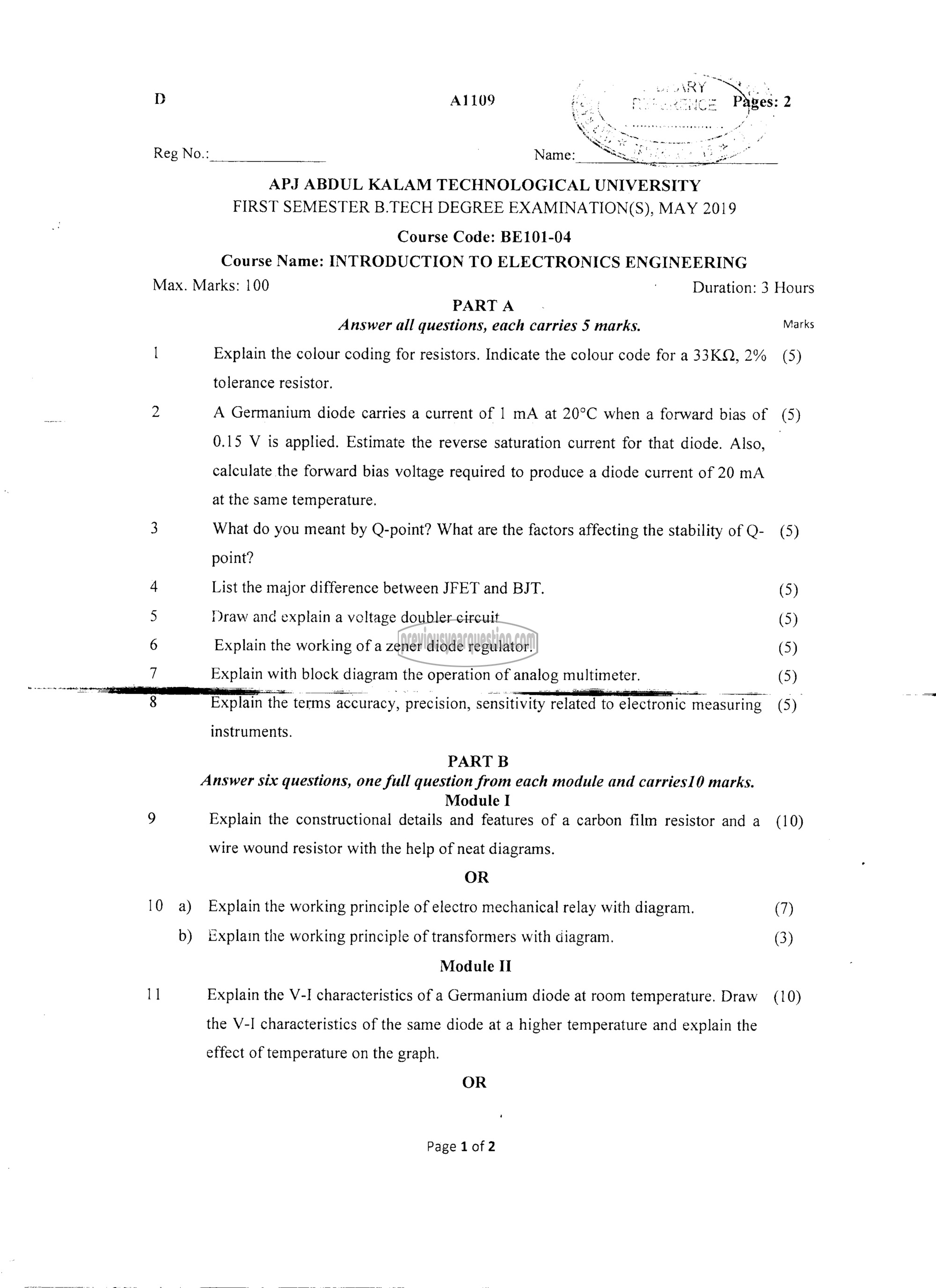 Question Paper - INTRODUCTION TO ELECTRONICS ENGINEERING-1