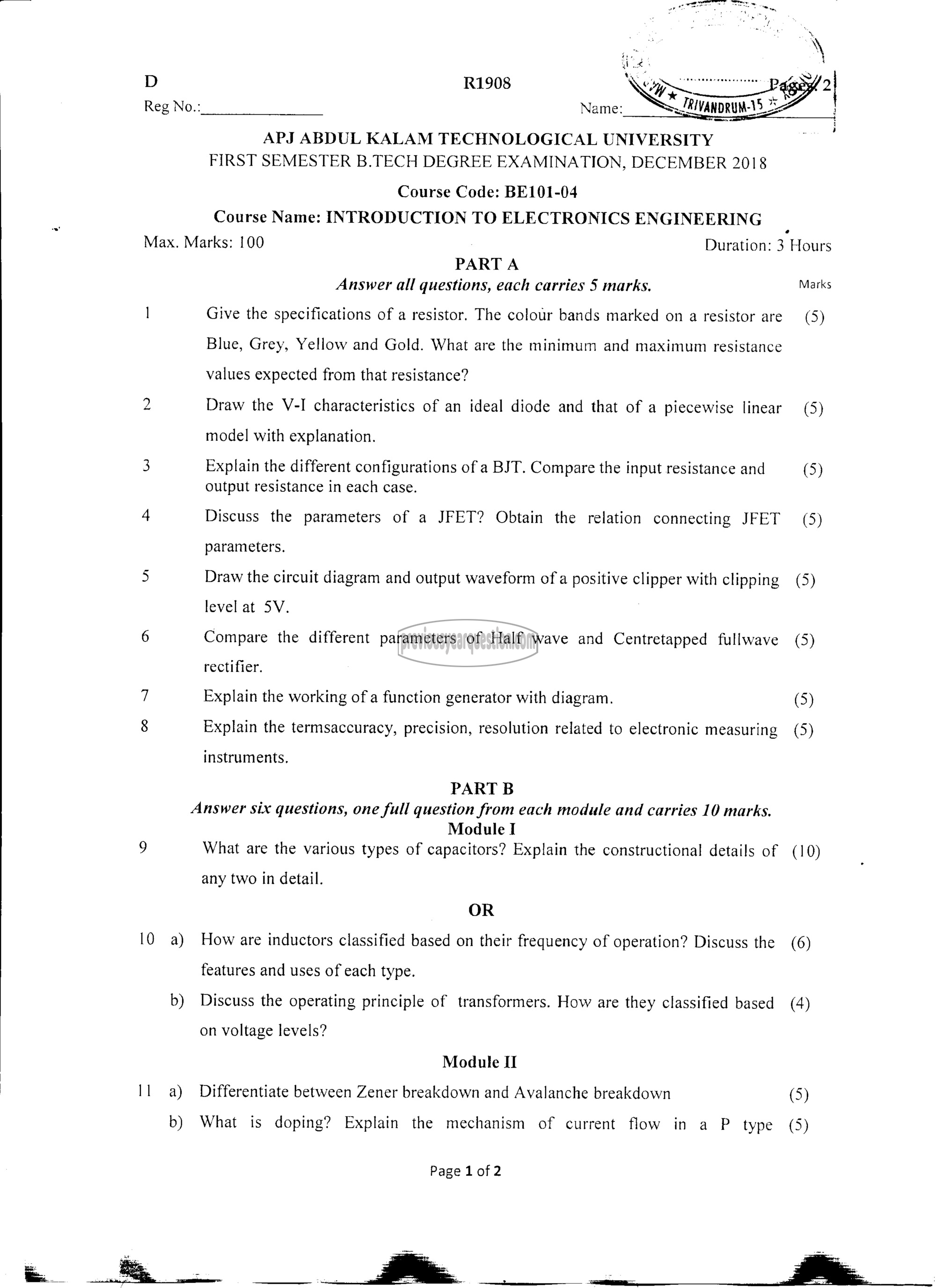 Question Paper - INTRODUCTION TO ELECTRONICS ENGINEERING-1