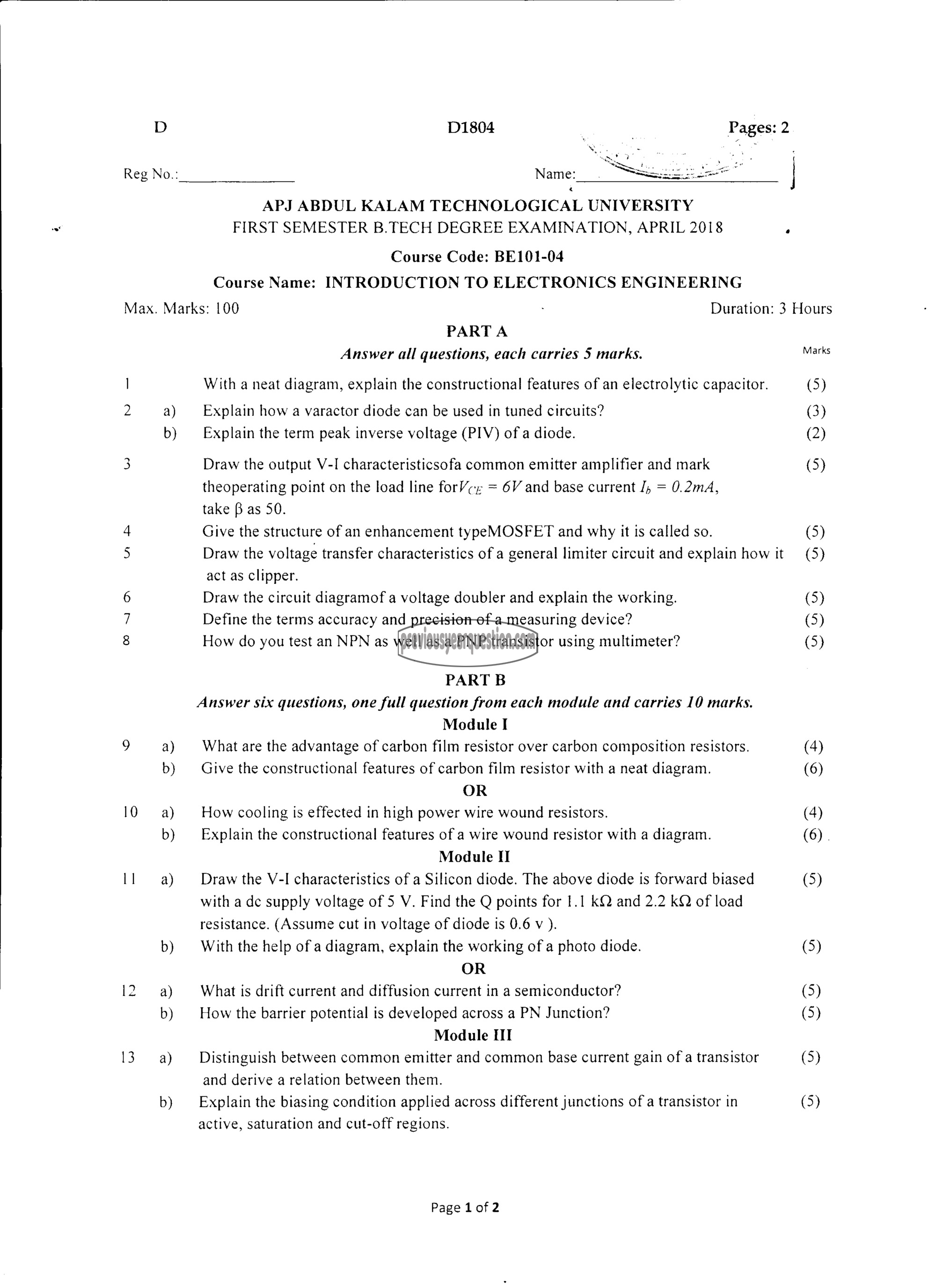 Question Paper - INTRODUCTION TO ELECTRONICS ENGINEERING-1