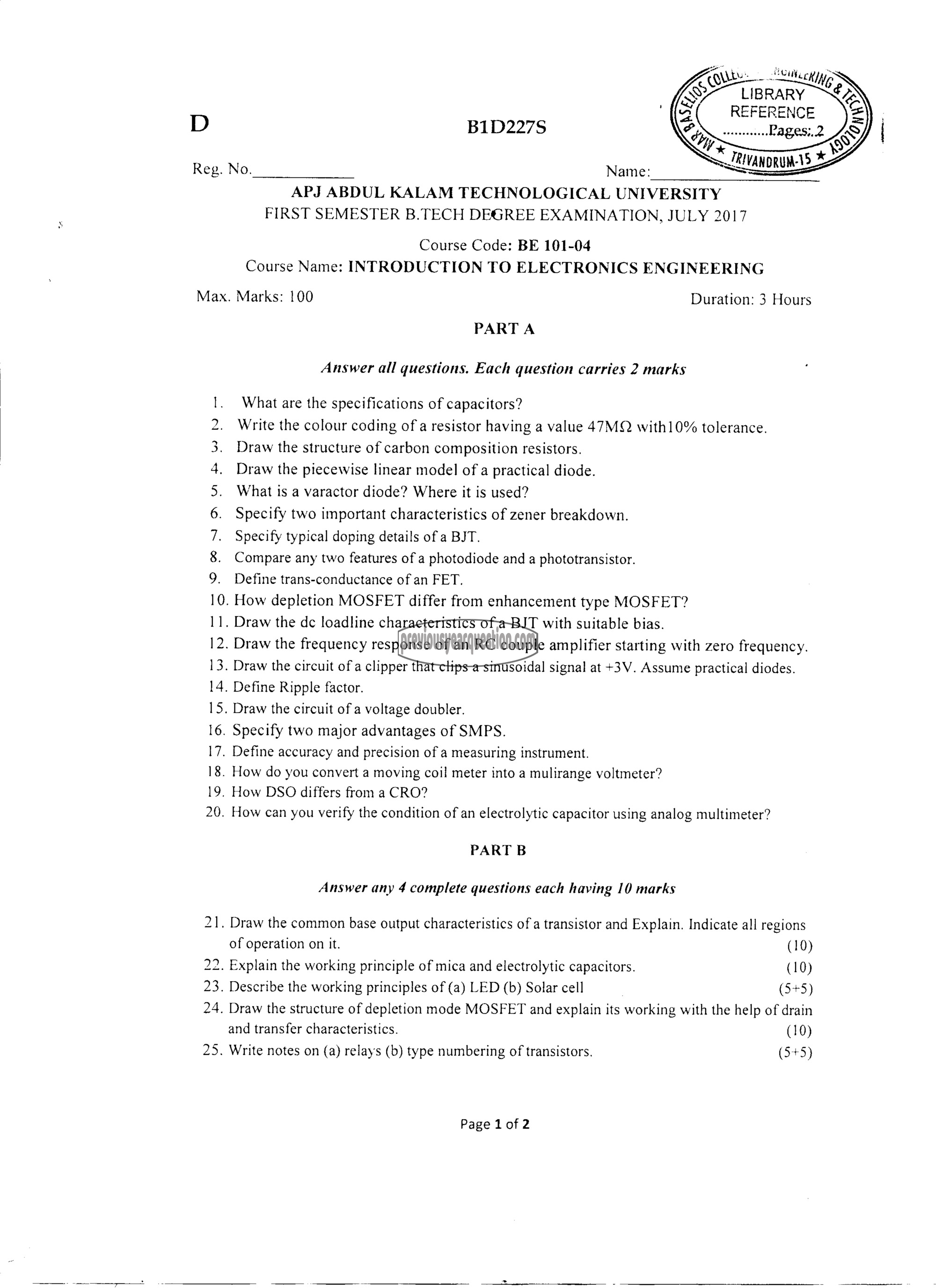 Question Paper - INTRODUCTION TO ELECTRONICS ENGINEERING-1