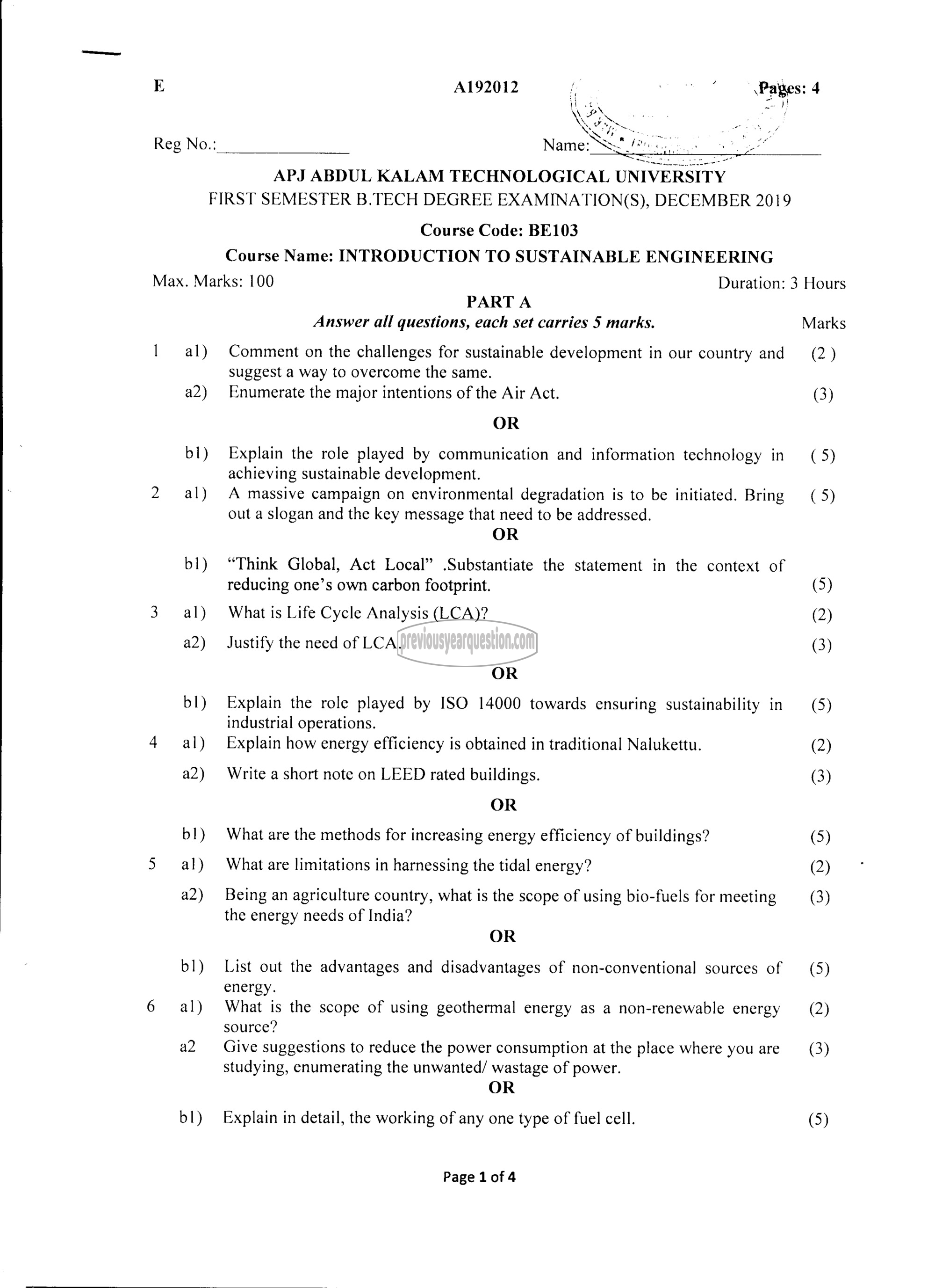 Question Paper - INTRODUCTION TO SUSTAINABLE ENGINEERING-1