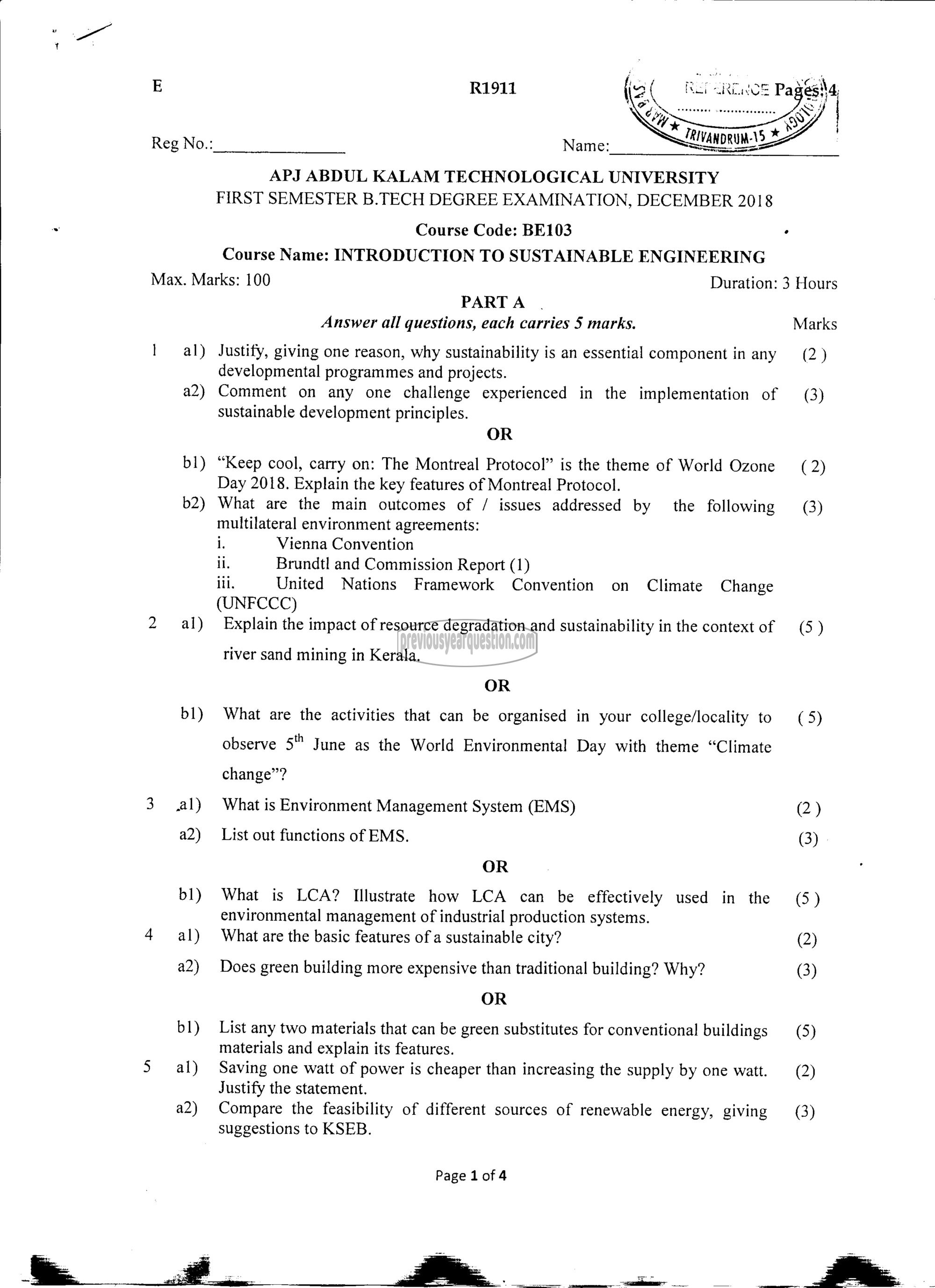 Question Paper - INTRODUCTION TO SUSTAINABLE ENGINEERING-1