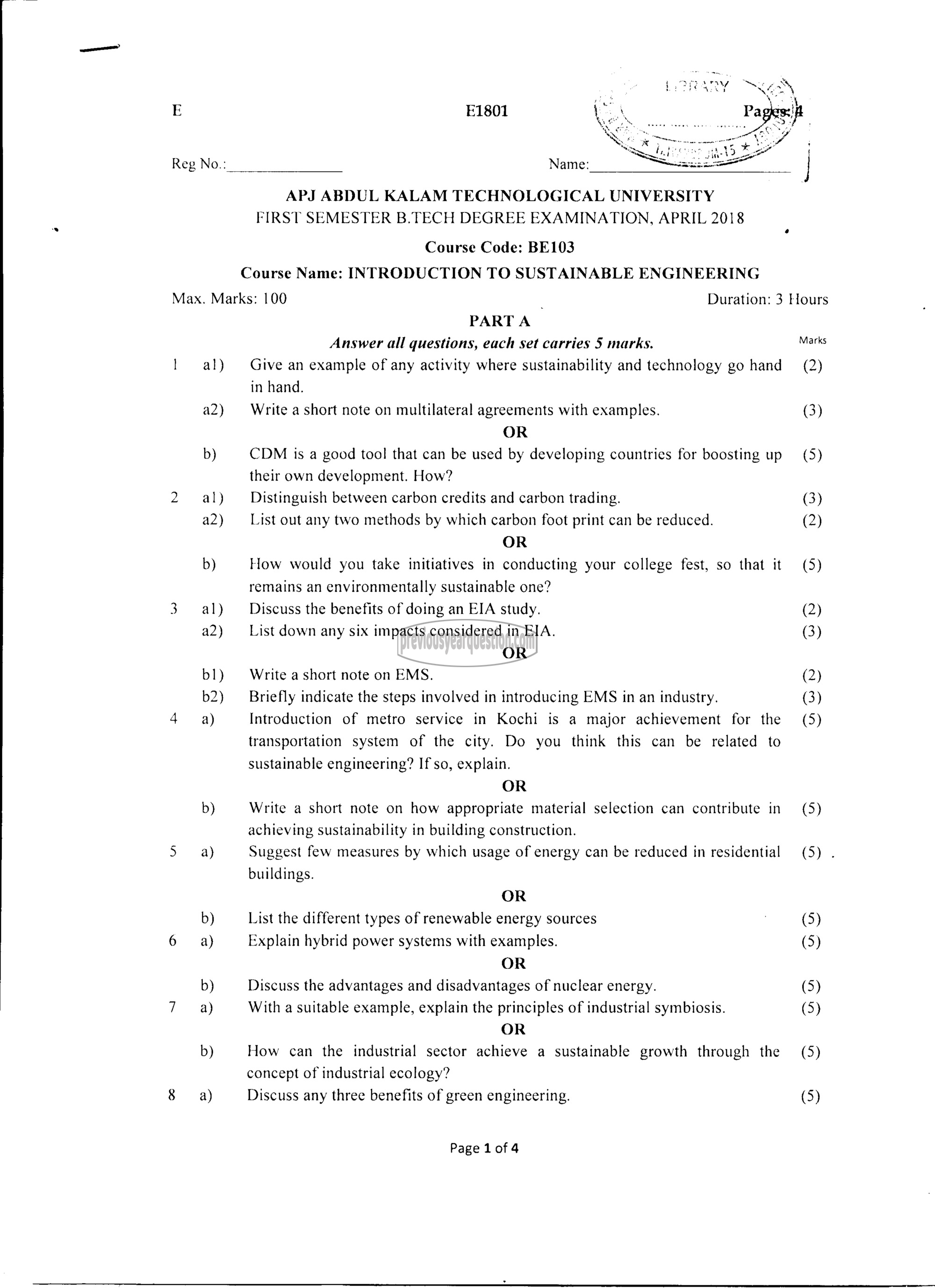 Question Paper - INTRODUCTION TO SUSTAINABLE ENGINEERING-1