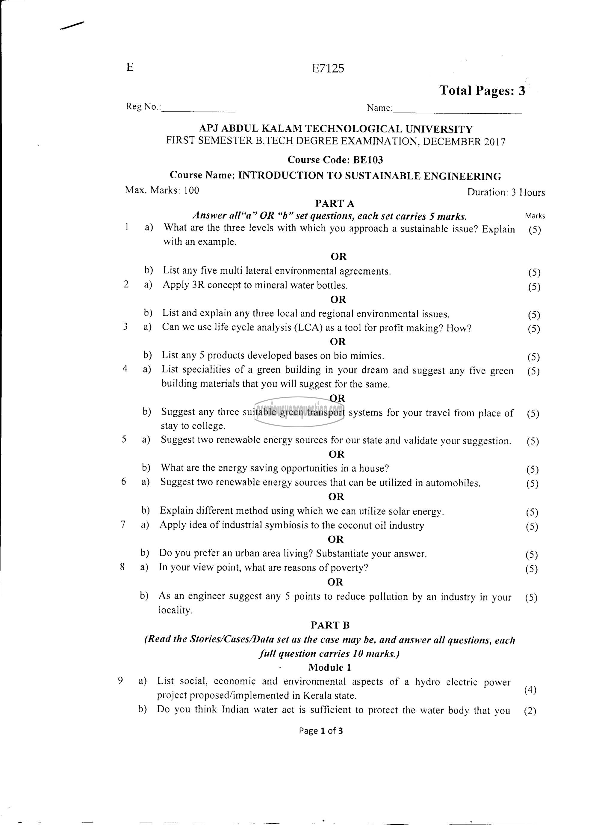 Question Paper - INTRODUCTION TO SUSTAINABLE ENGINEERING-1