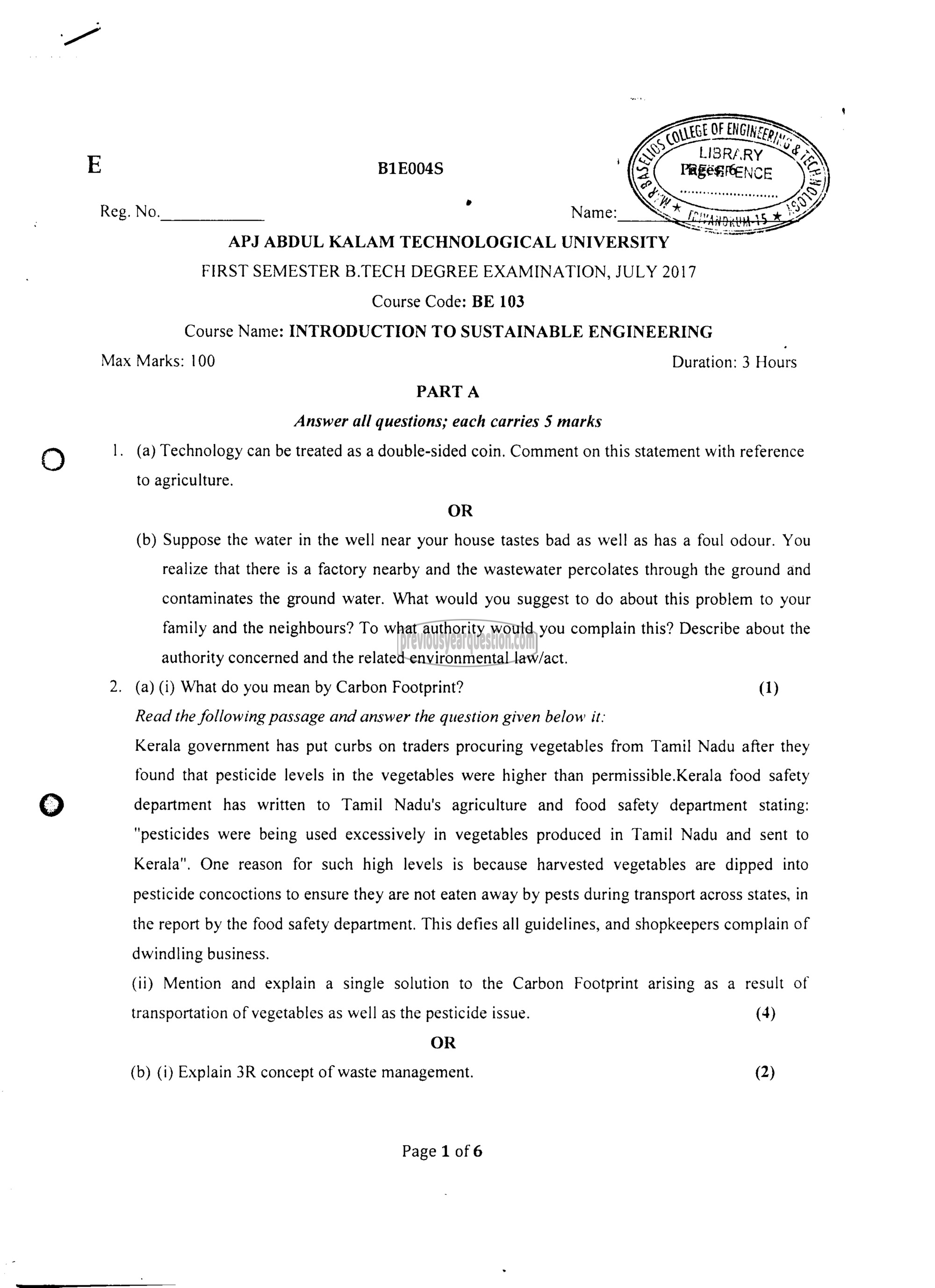 Question Paper - INTRODUCTION TO SUSTAINABLE ENGINEERING-1