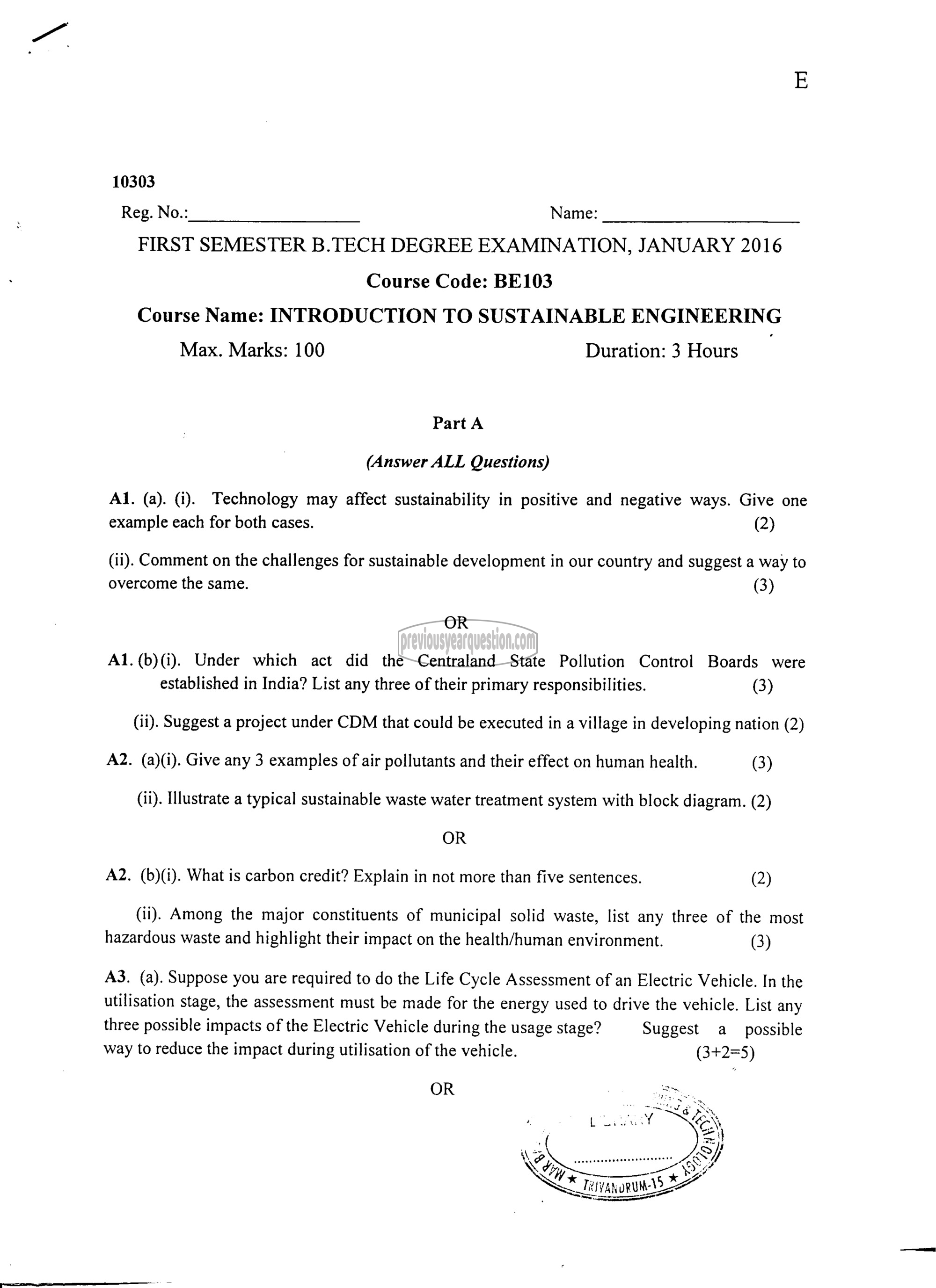 Question Paper - INTRODUCTION TO SUSTAINABLE ENGINEERING-1