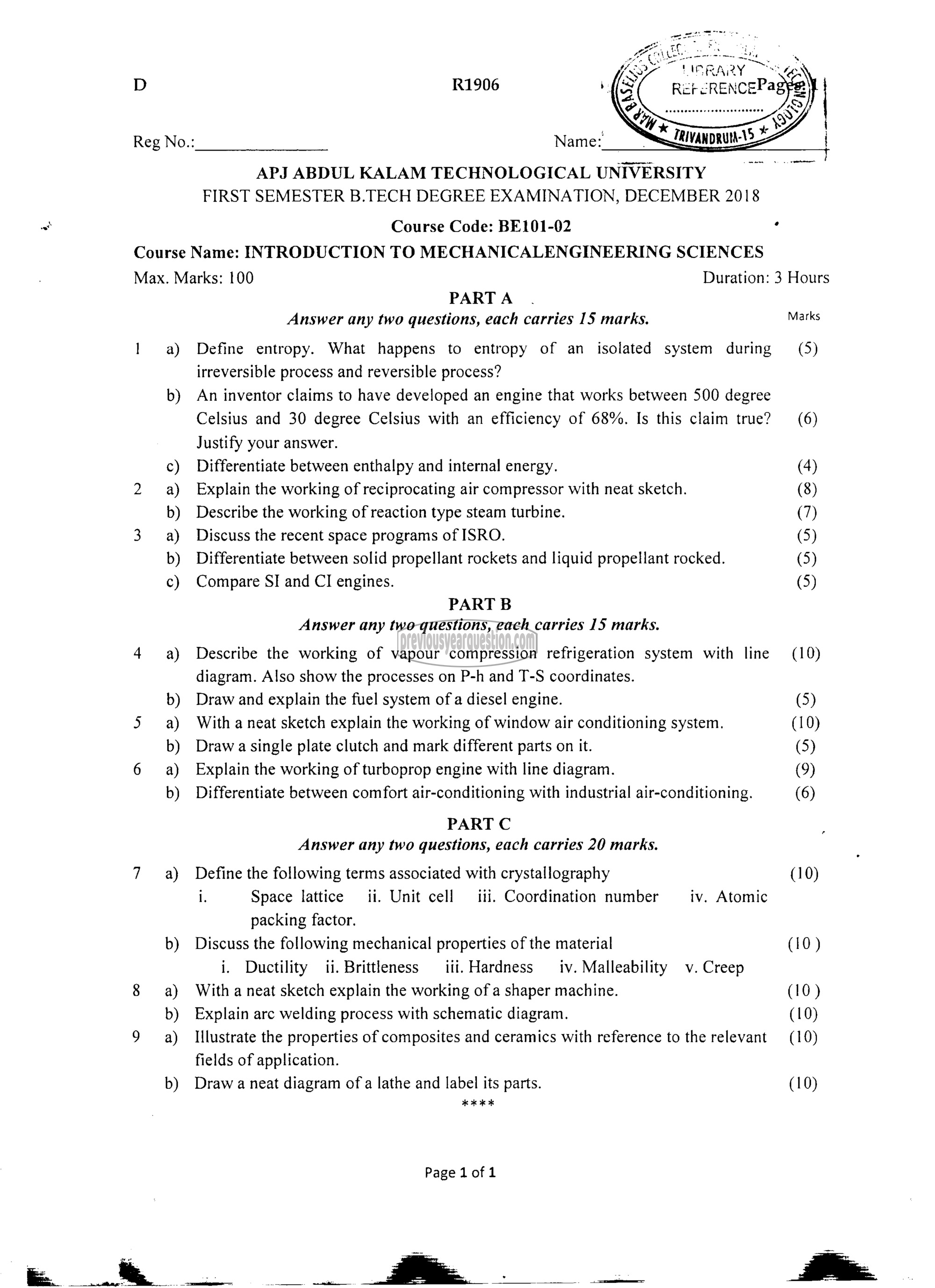 Question Paper - INTRODUCTION TO MECHANICAL ENGINEERING SCIENCES-1