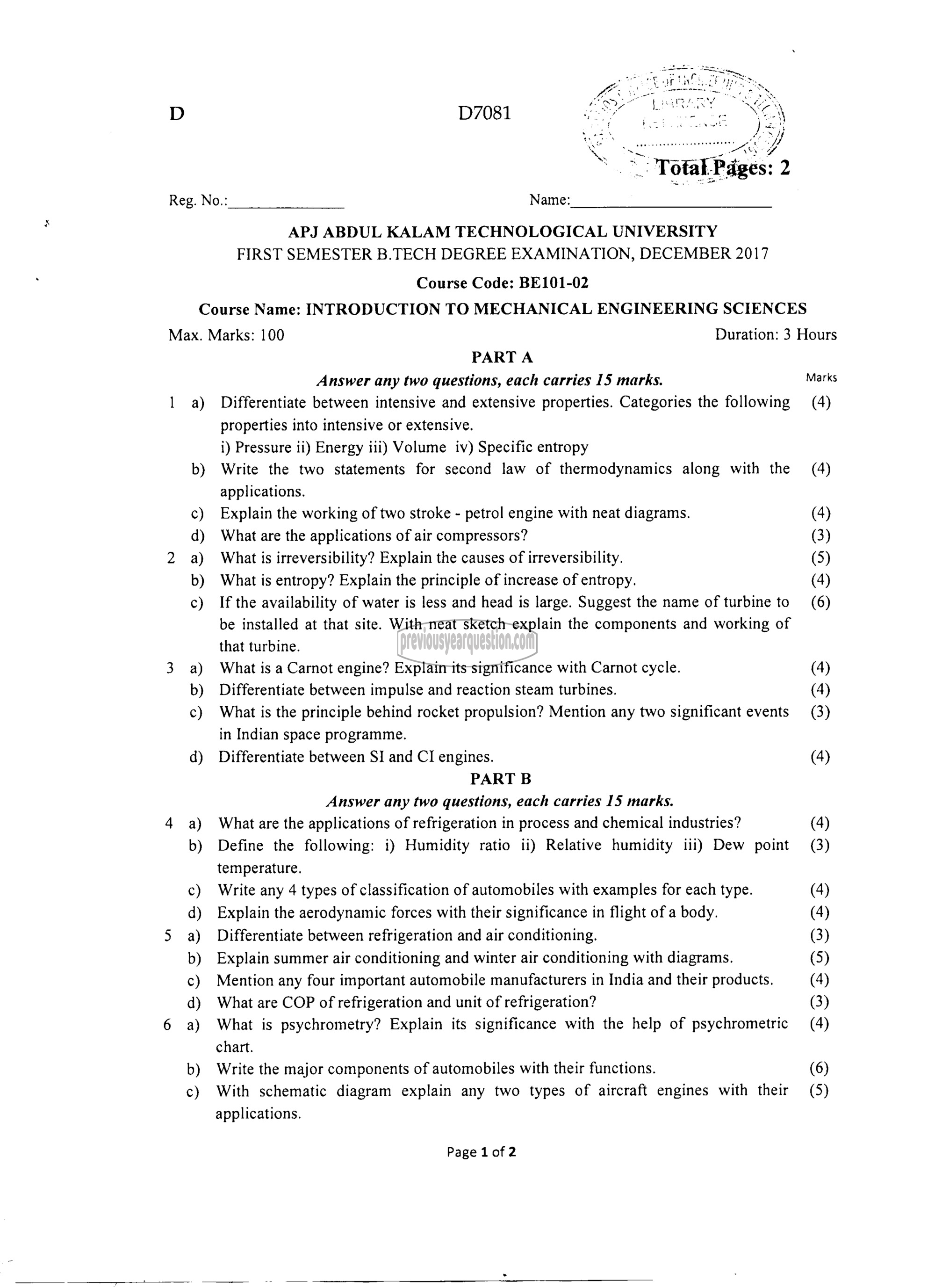 Question Paper - INTRODUCTION TO MECHANICAL ENGINEERING SCIENCES-1