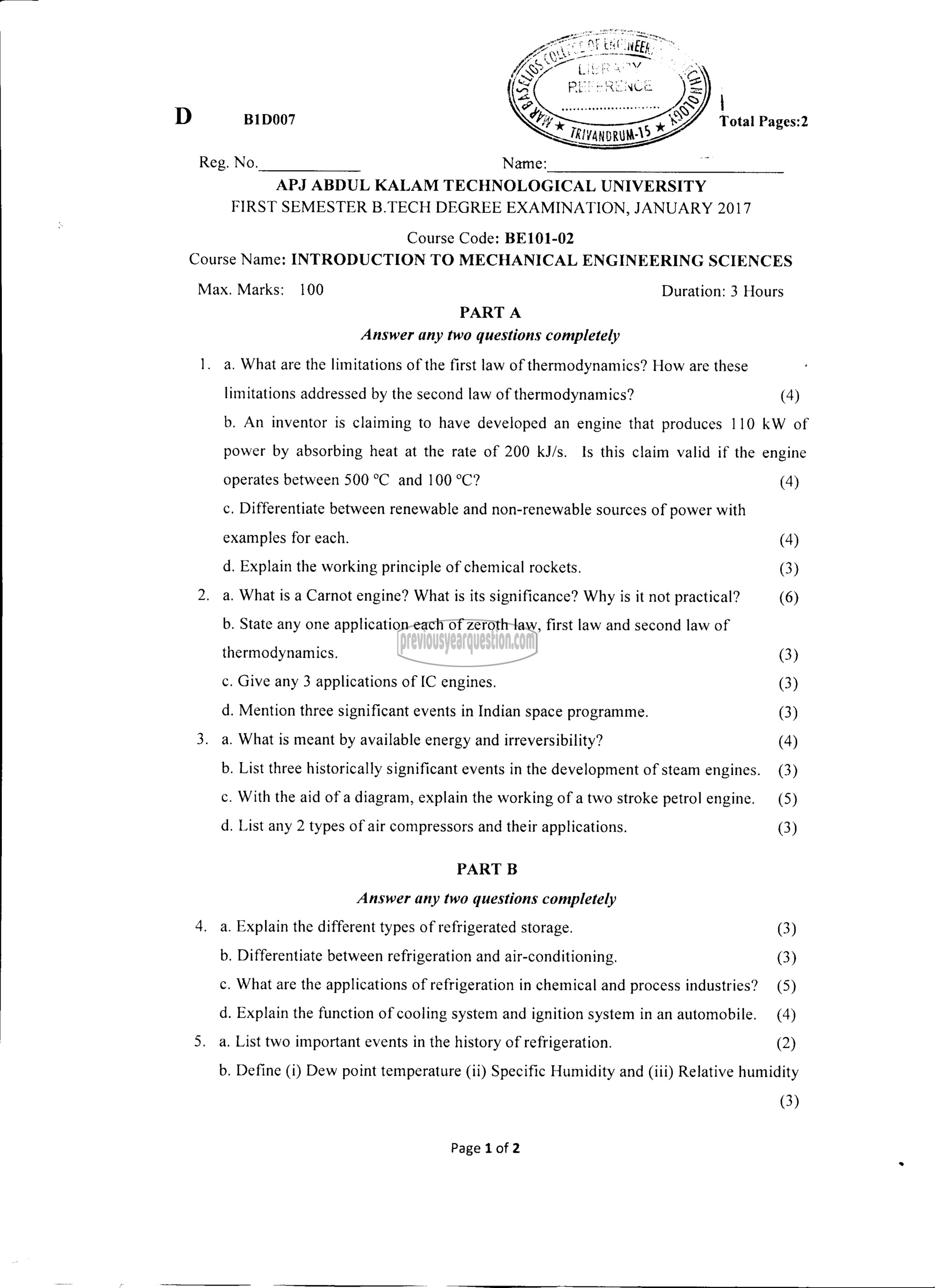 Question Paper - INTRODUCTION TO MECHANICAL ENGINEERING SCIENCES-1