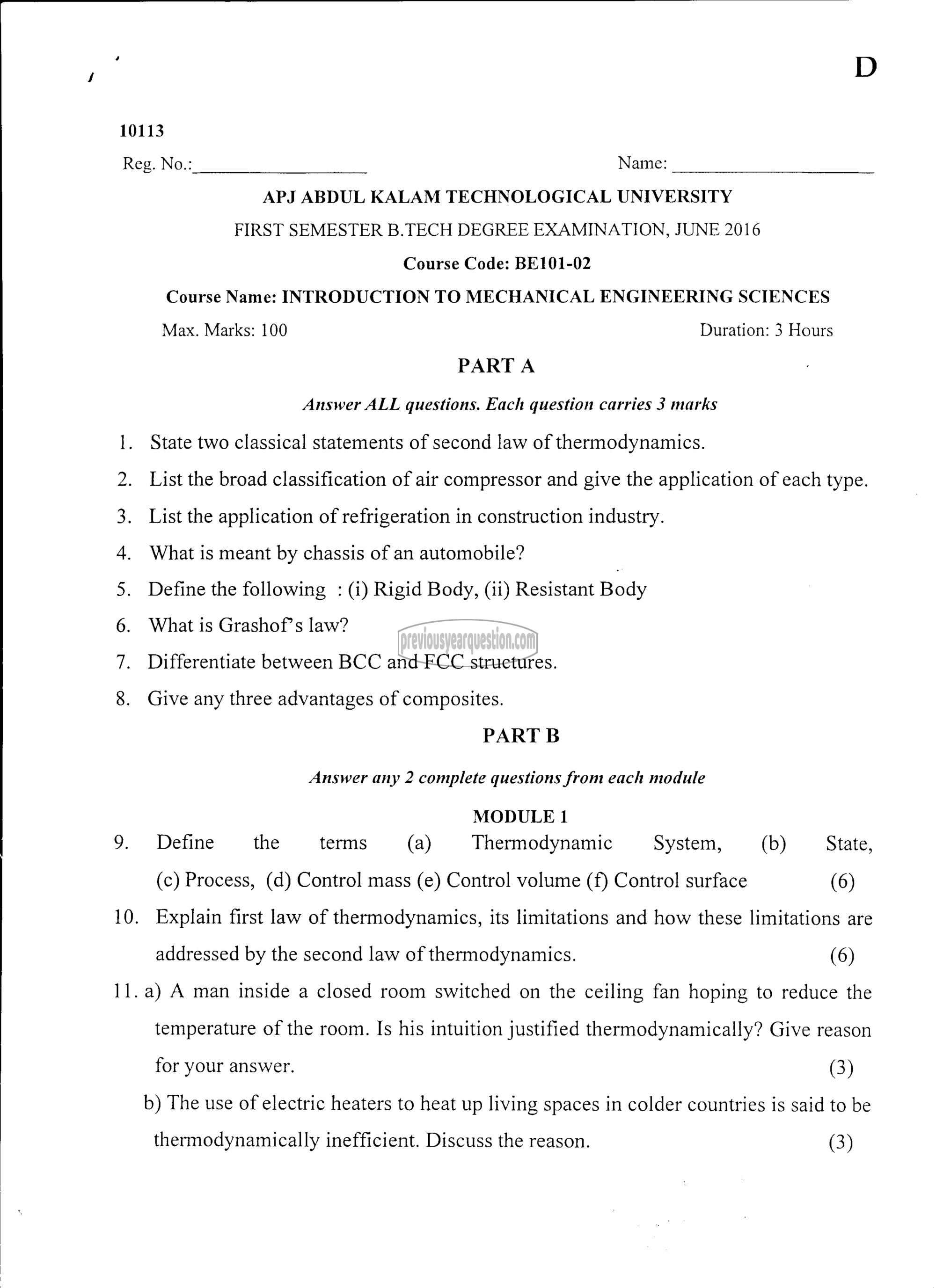 Question Paper - INTRODUCTION TO MECHANICAL ENGINEERING SCIENCES-1