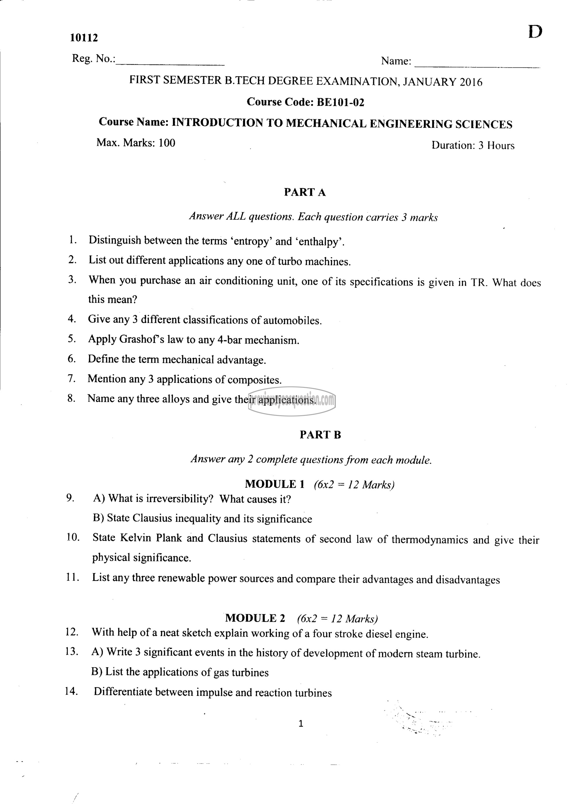 Question Paper - INTRODUCTION TO MECHANICAL ENGINEERING SCIENCES-1