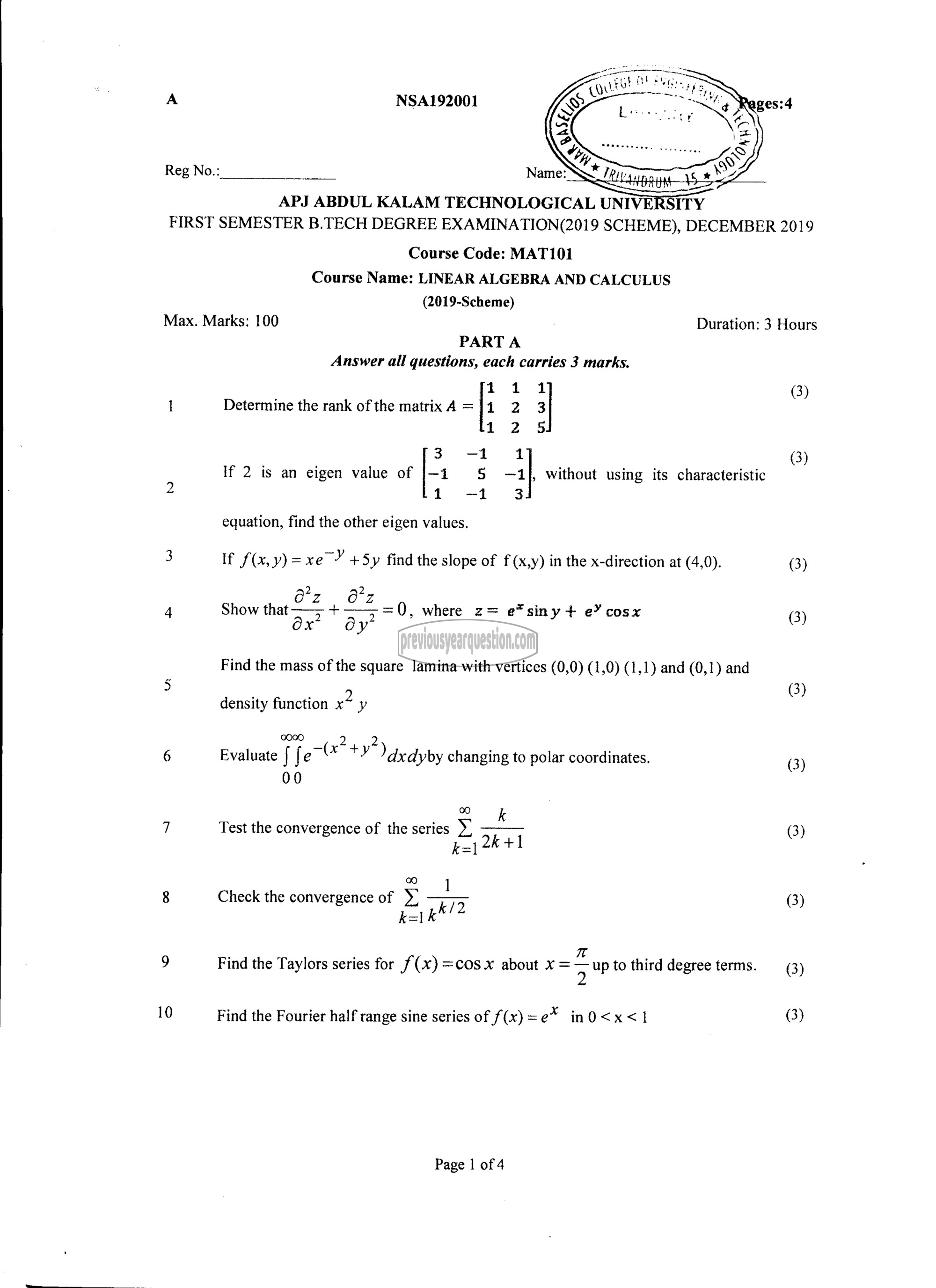 Question Paper - LINEAR ALGEBRA AND CALCULUS-1