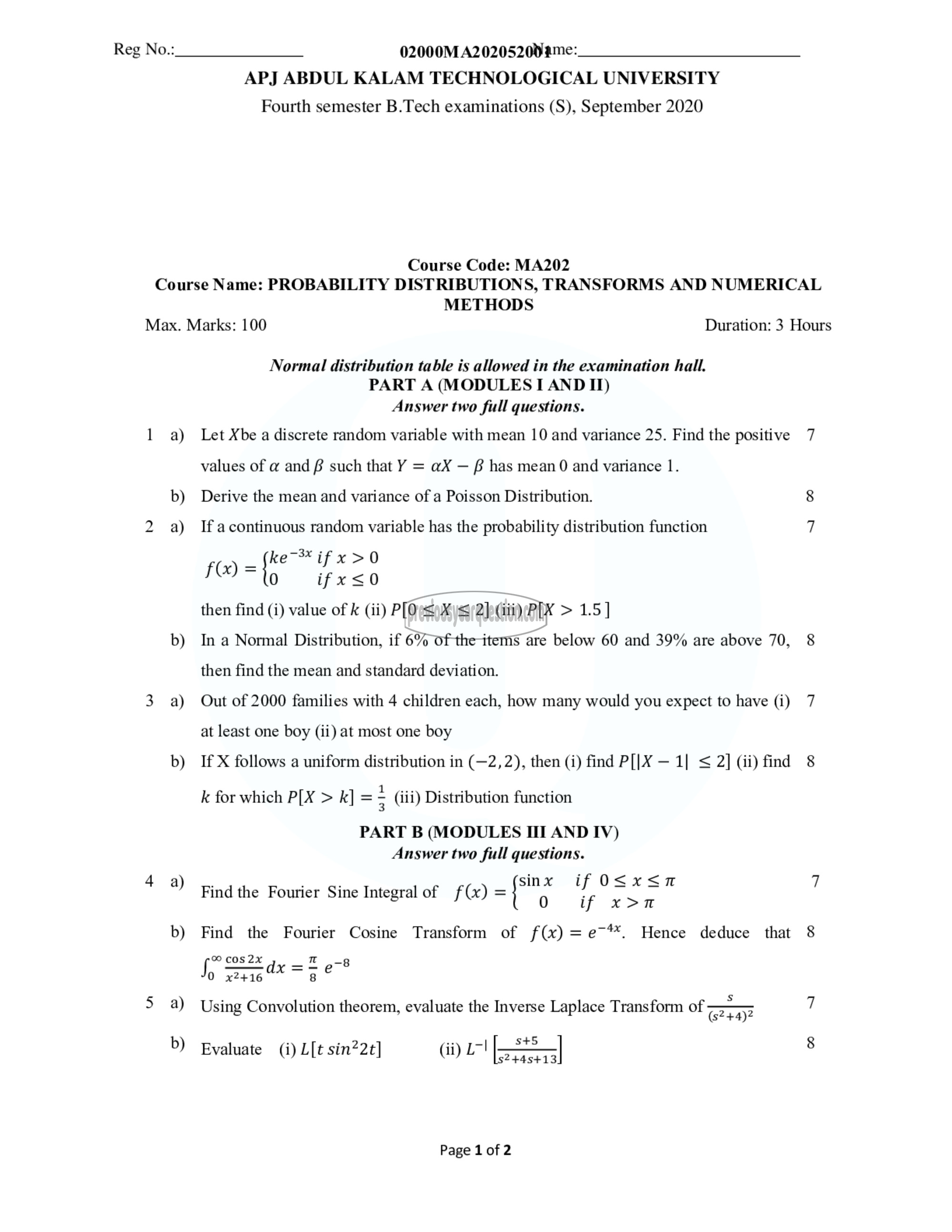 Question Paper - Probability Distributions, Transforms and Numerical Methods-1