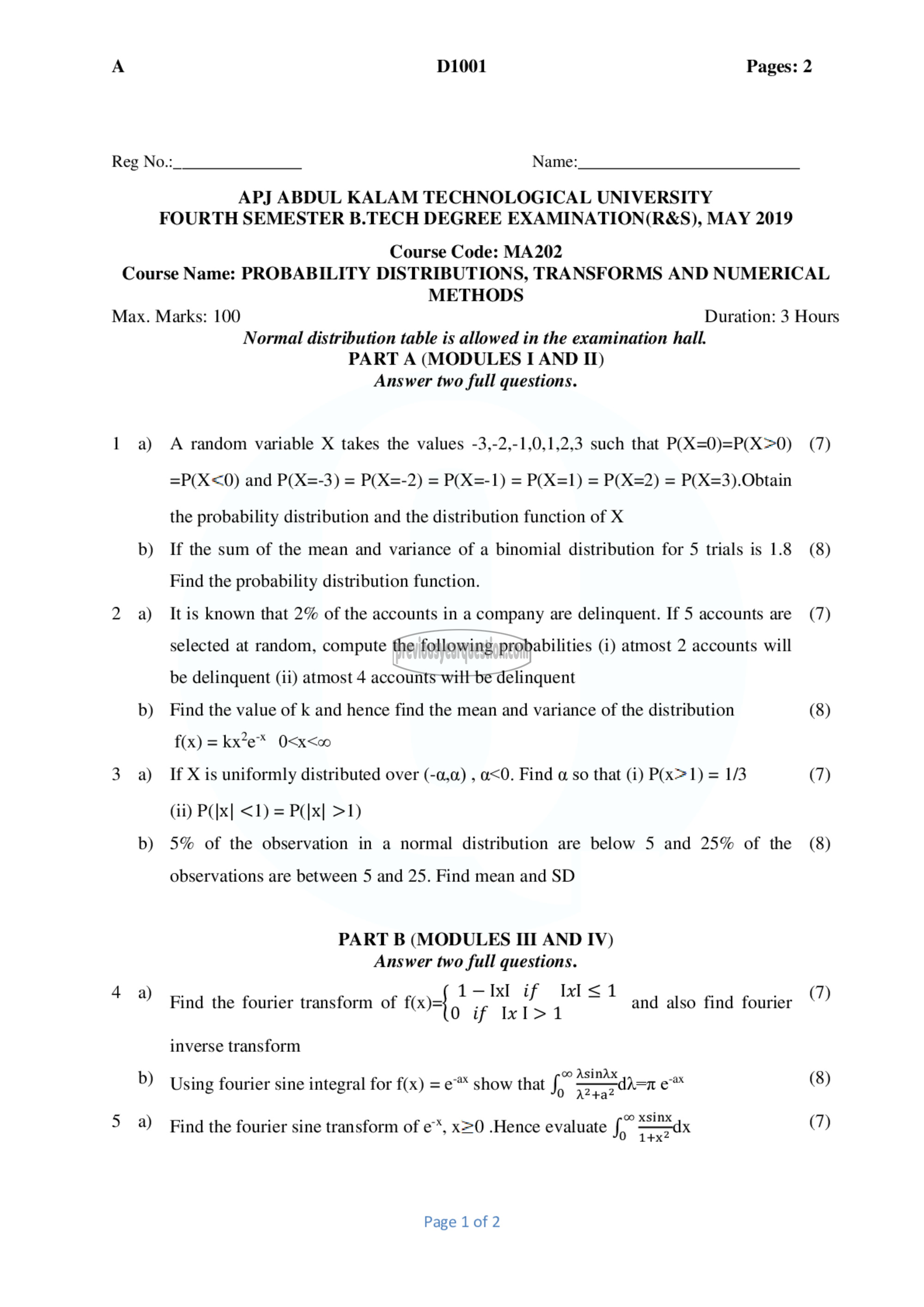 Question Paper - Probability Distributions, Transforms and Numerical Methods-1