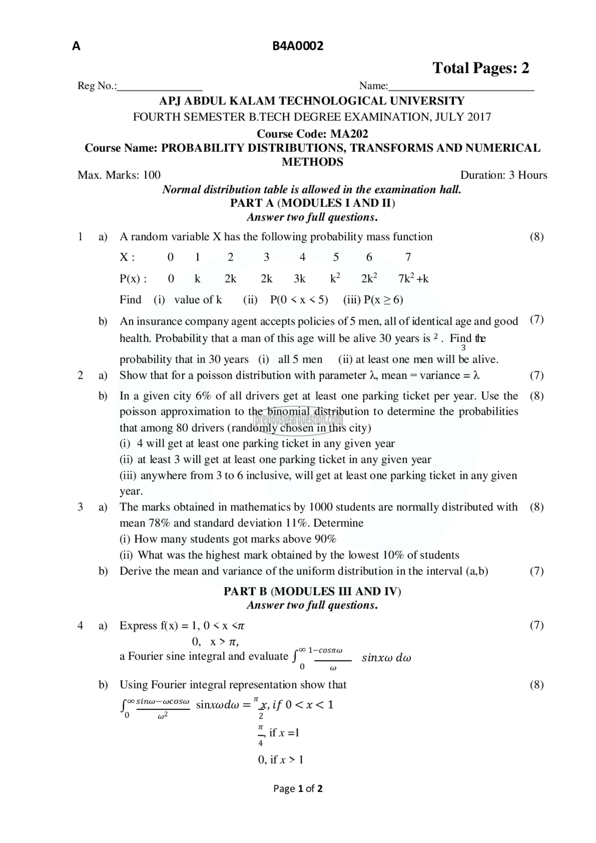 Question Paper - Probability Distributions, Transforms and Numerical Methods-1