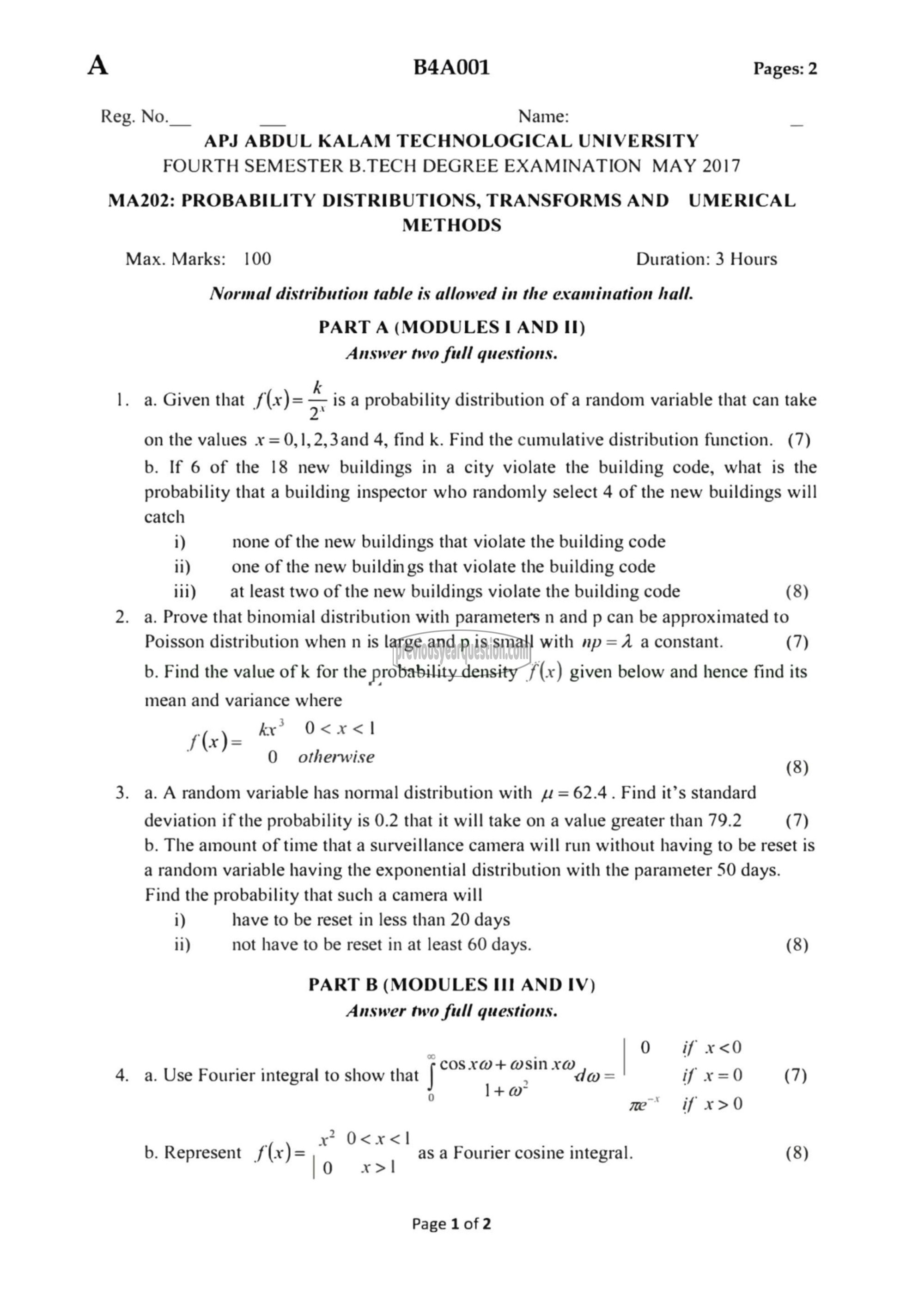 Question Paper - Probability Distributions, Transforms and Numerical Methods-1