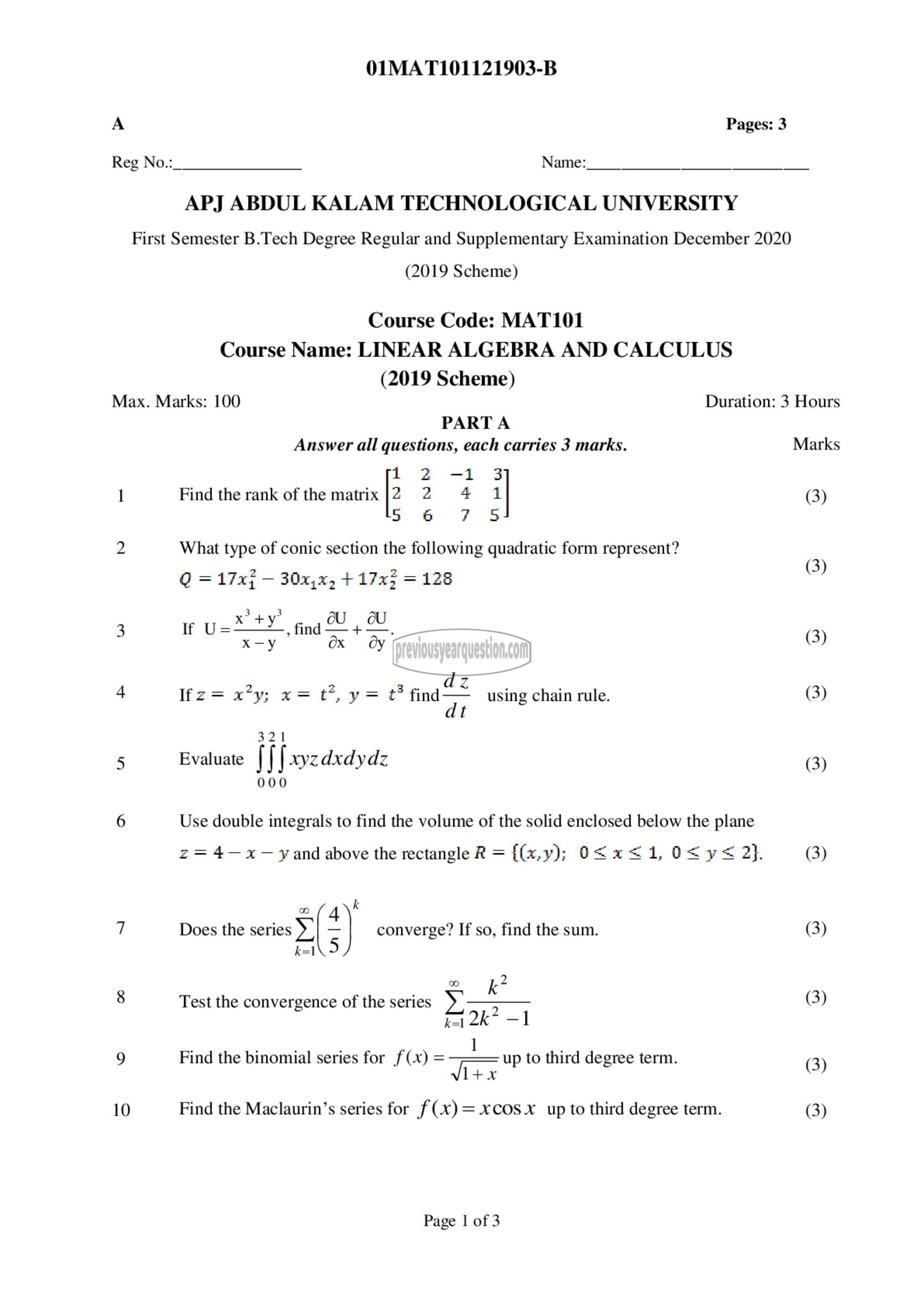 Question Paper - LINEAR ALGEBRA AND CALCULUS-1