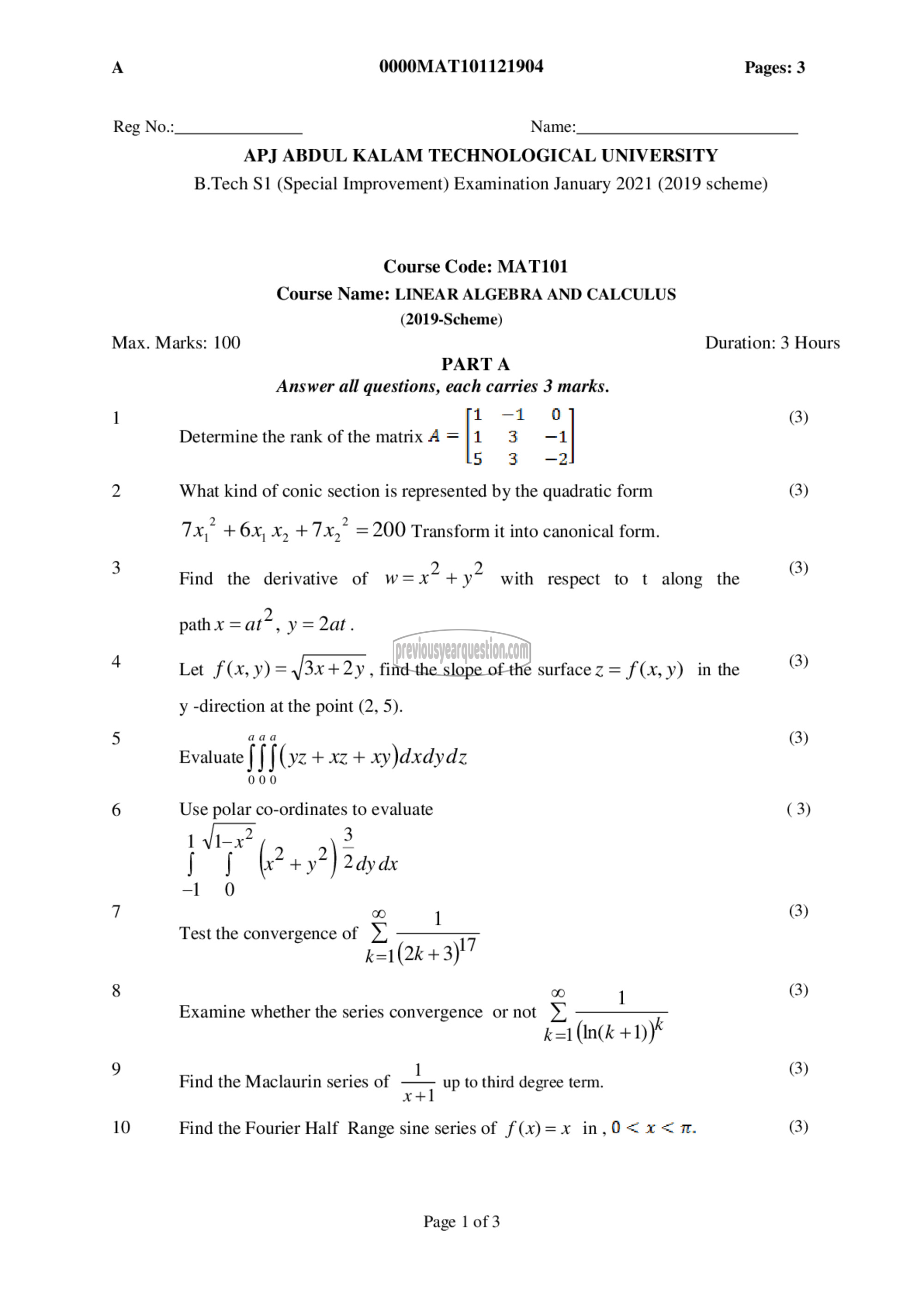 Question Paper - LINEAR ALGEBRA AND CALCULUS-1