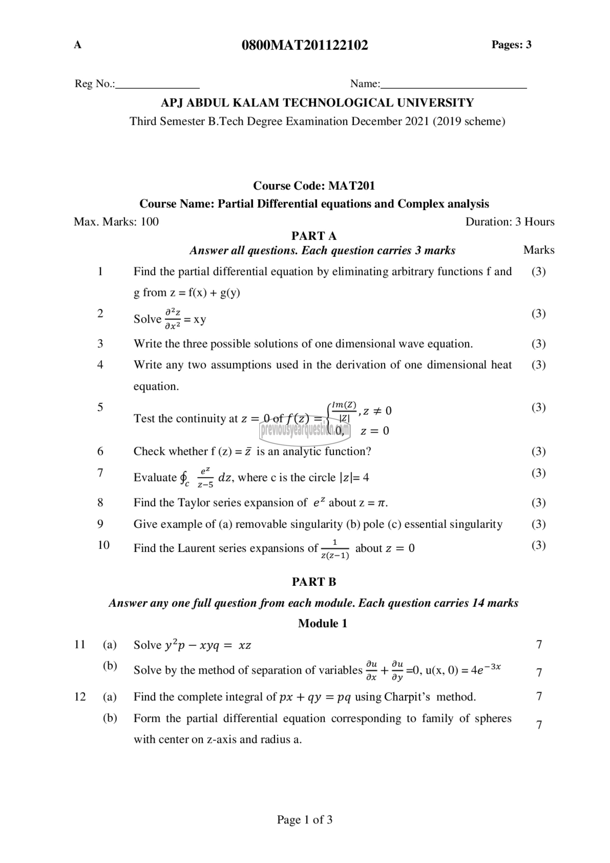 Question Paper - PARTIAL DIFFERENTIAL EQUATION AND COMPLEX ANALYSIS-1