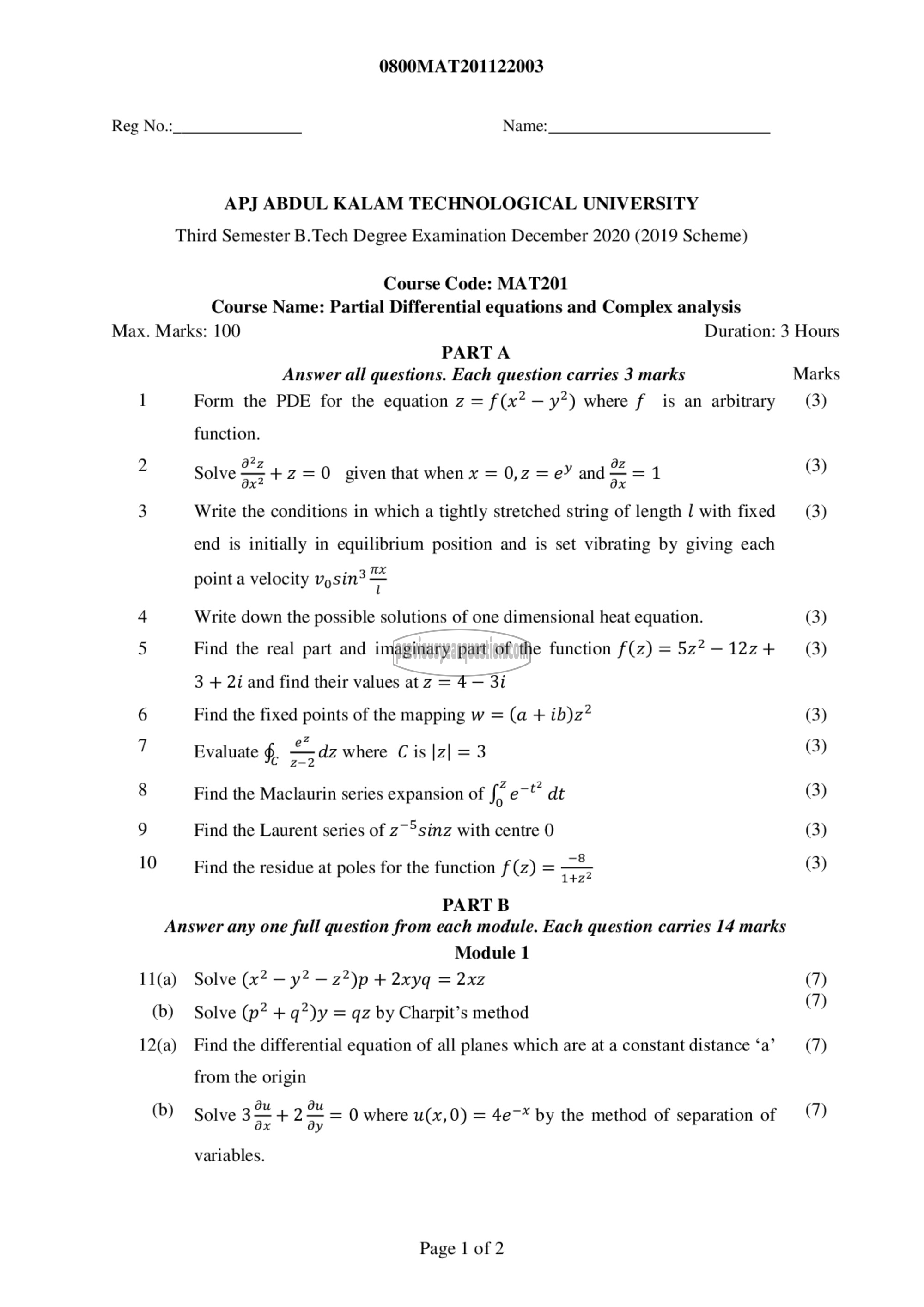 Question Paper - PARTIAL DIFFERENTIAL EQUATION AND COMPLEX ANALYSIS-1