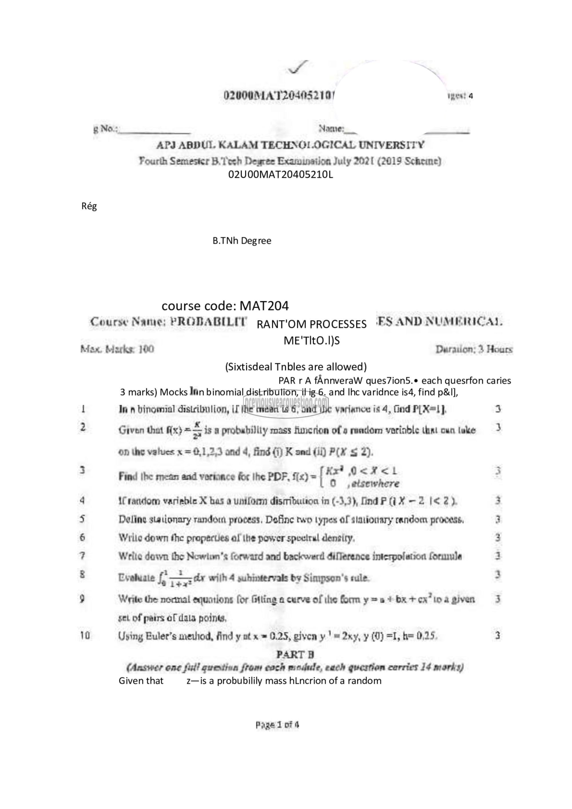 Question Paper - PROBABILITY, RANDOM PROCESSES AND NUMERICAL METHODS-1