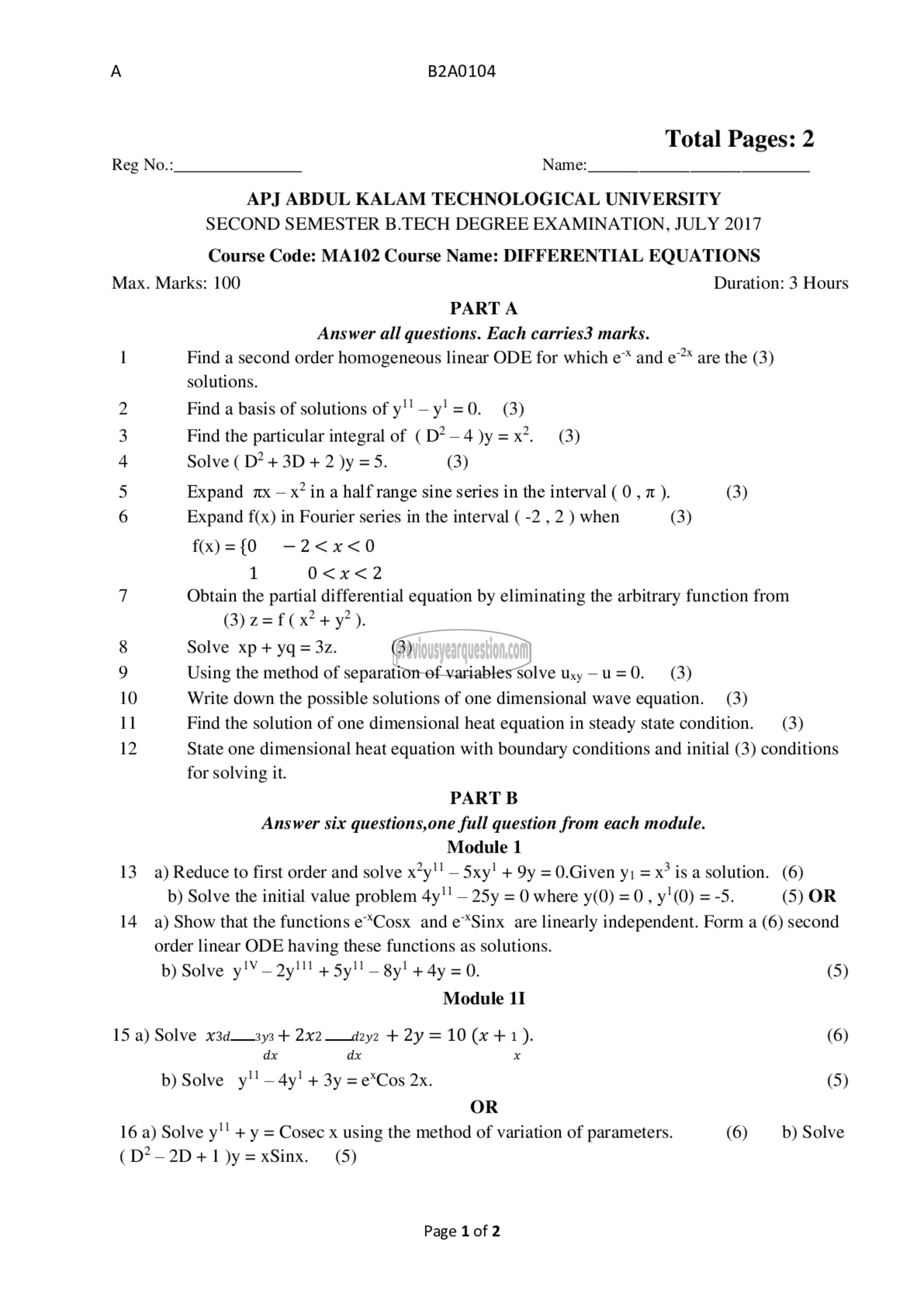 Question Paper - DIFFERENTIAL EQUATIONS-1