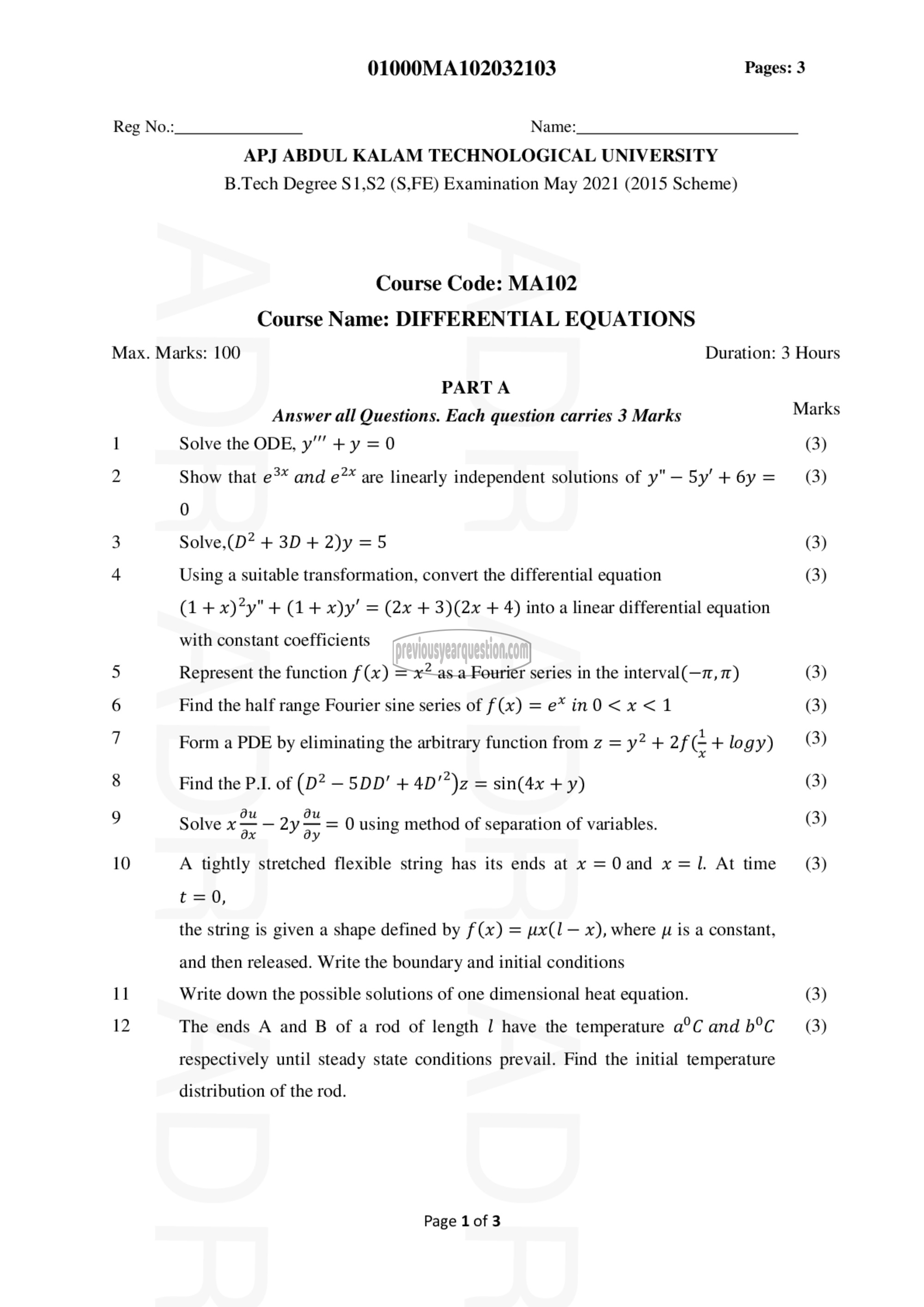 Question Paper - DIFFERENTIAL EQUATIONS-1