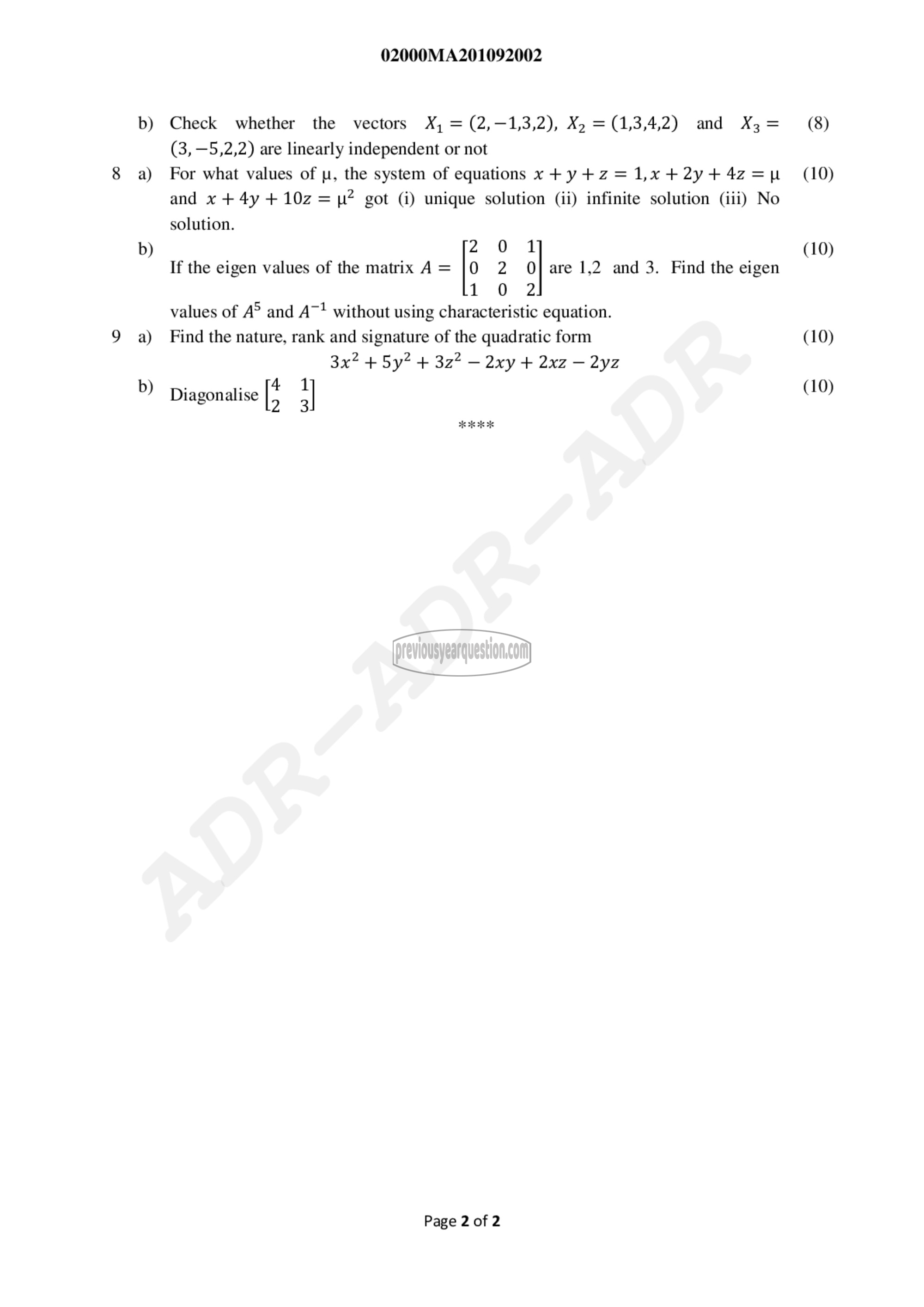 Question Paper - Linear Algebra & Complex Analysis-2