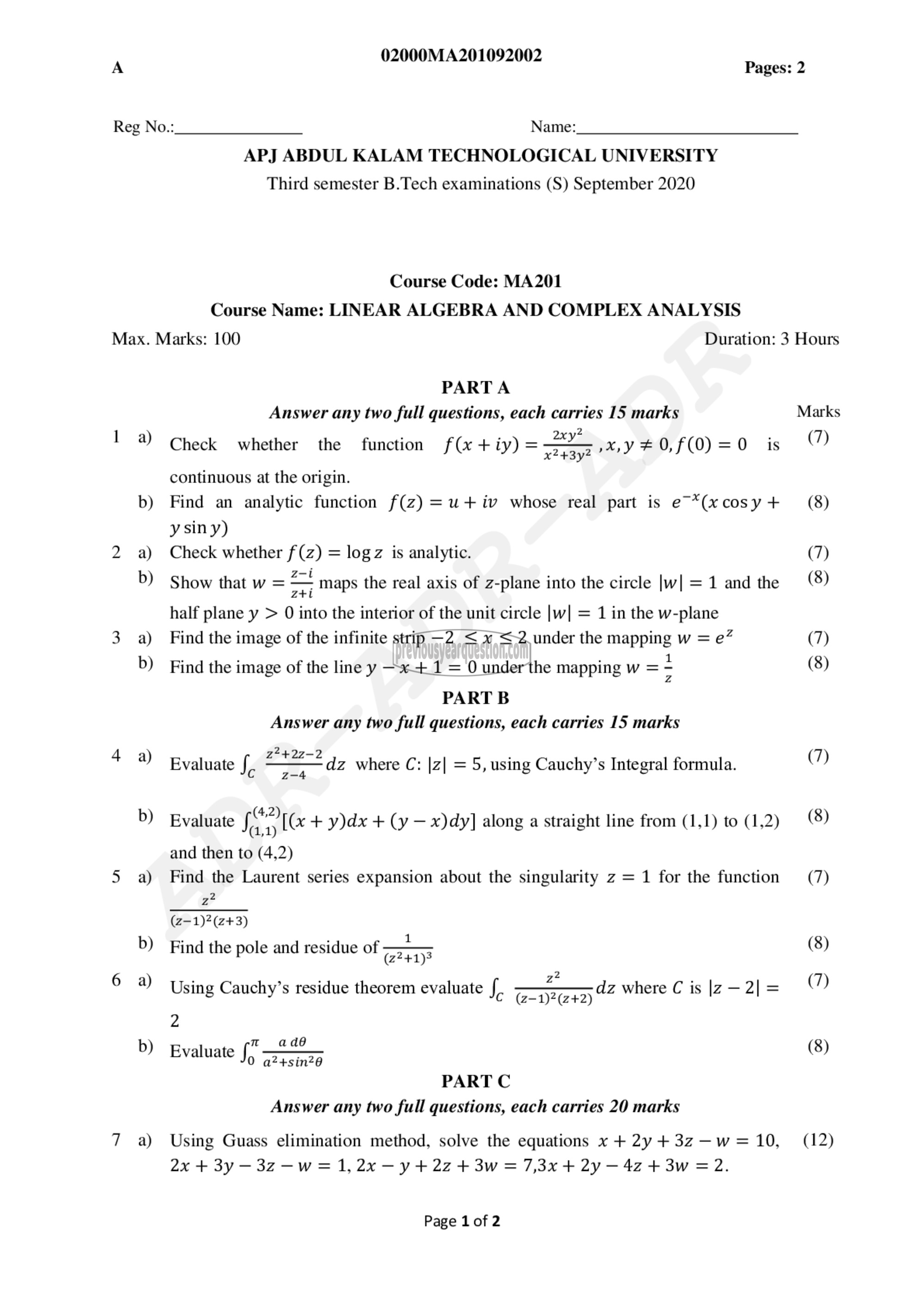 Question Paper - Linear Algebra & Complex Analysis-1