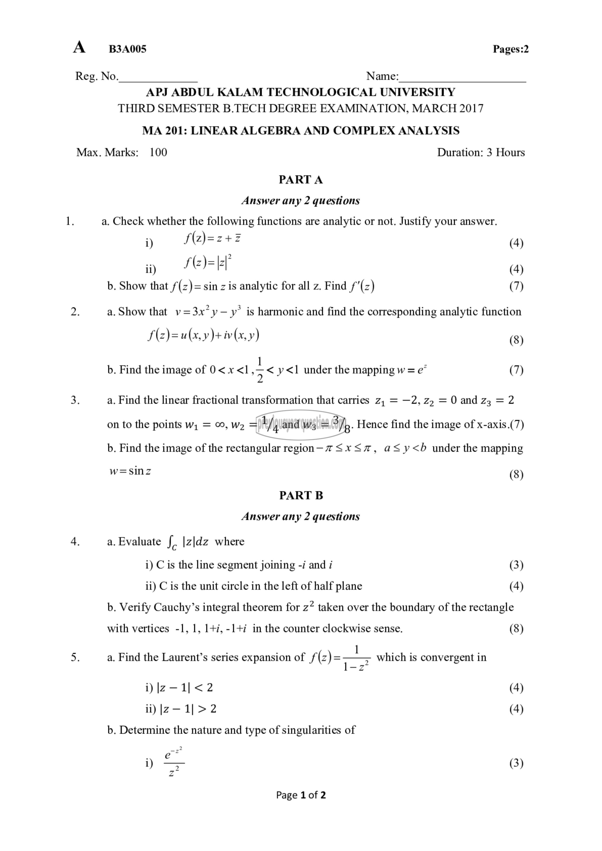 Question Paper - Linear Algebra & Complex Analysis-1