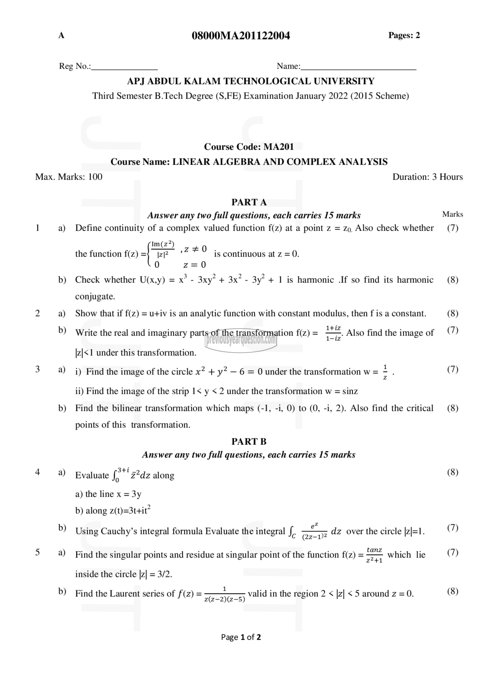 Question Paper - Linear Algebra & Complex Analysis-1