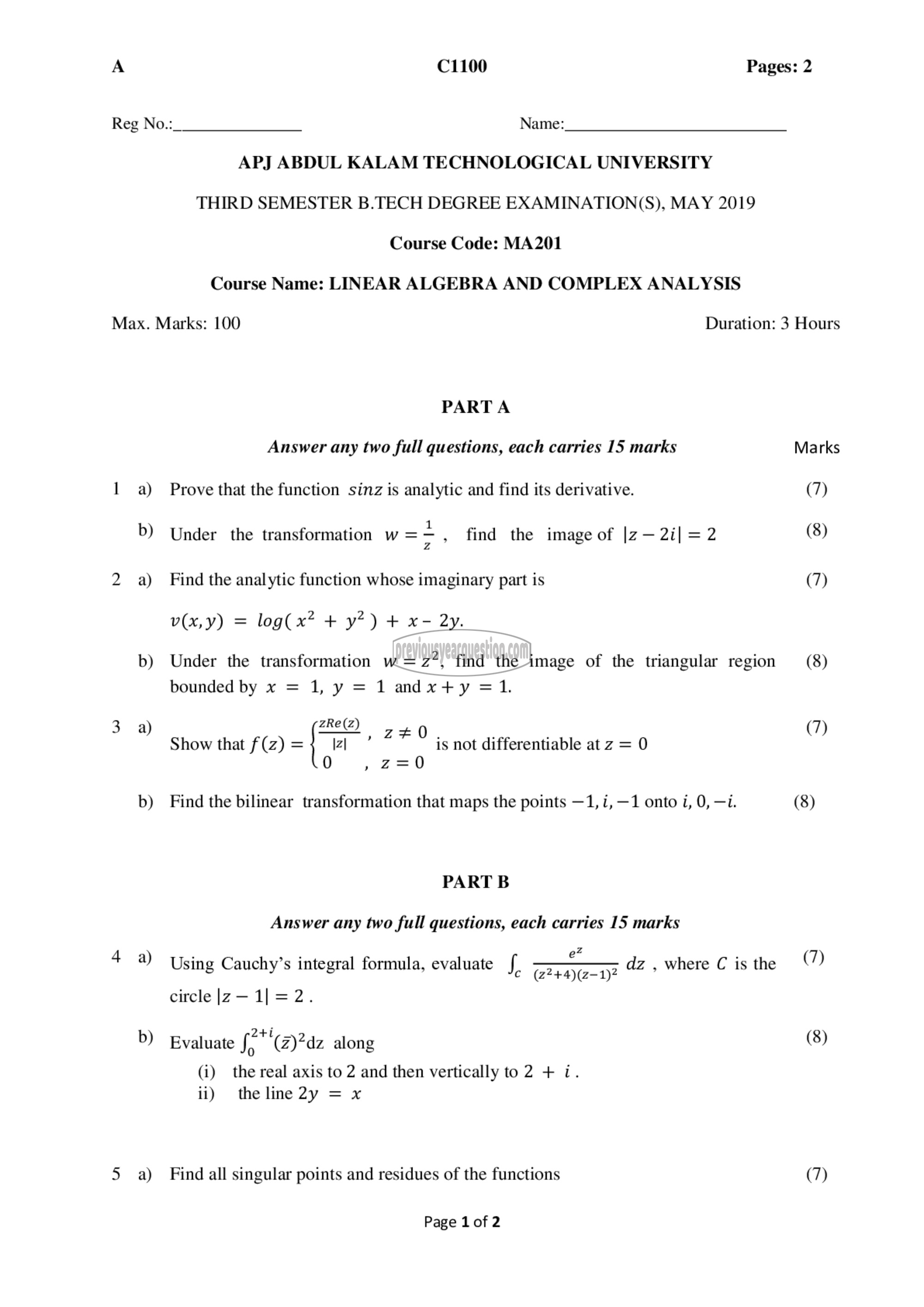 Question Paper - Linear Algebra & Complex Analysis-1