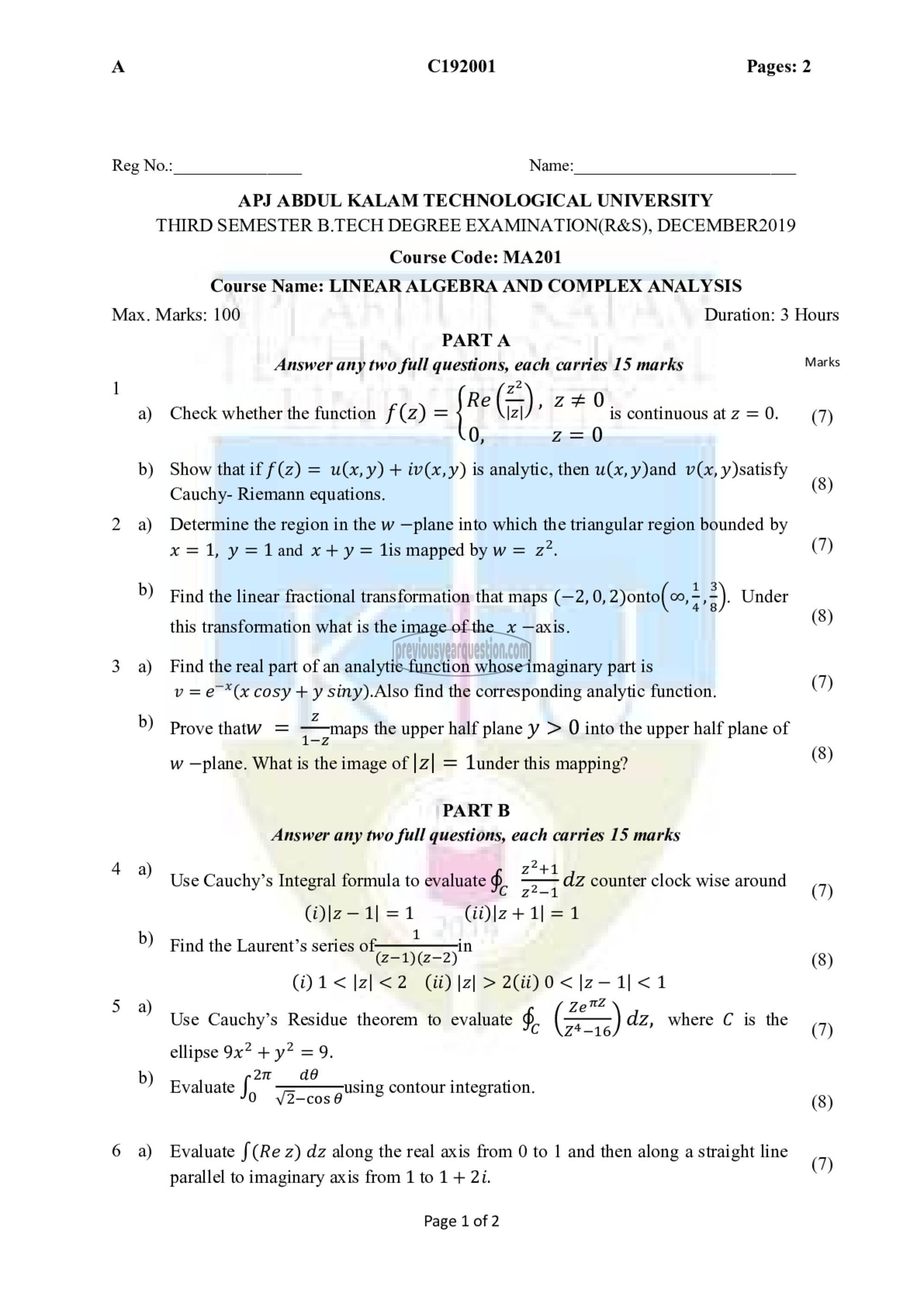 Question Paper - Linear Algebra & Complex Analysis-1